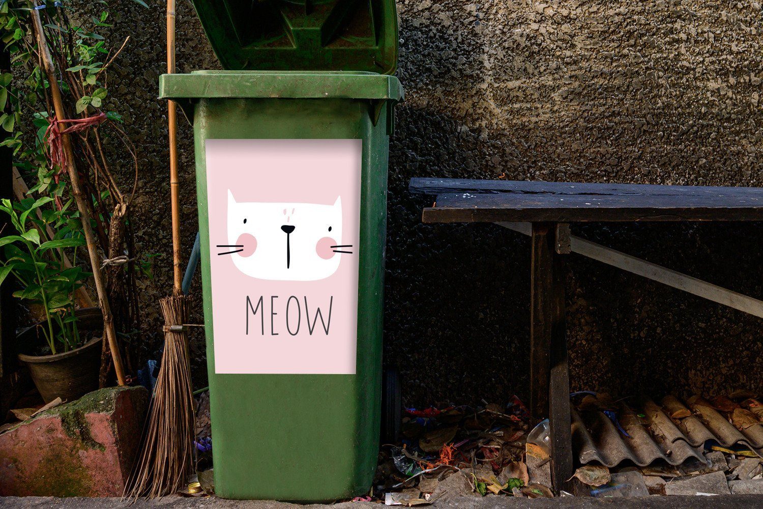 MuchoWow Wandsticker Zitate - - Miau Mülleimer-aufkleber, Sticker, Container, (1 Mülltonne, Kinder - Abfalbehälter Illustration - Katze St)
