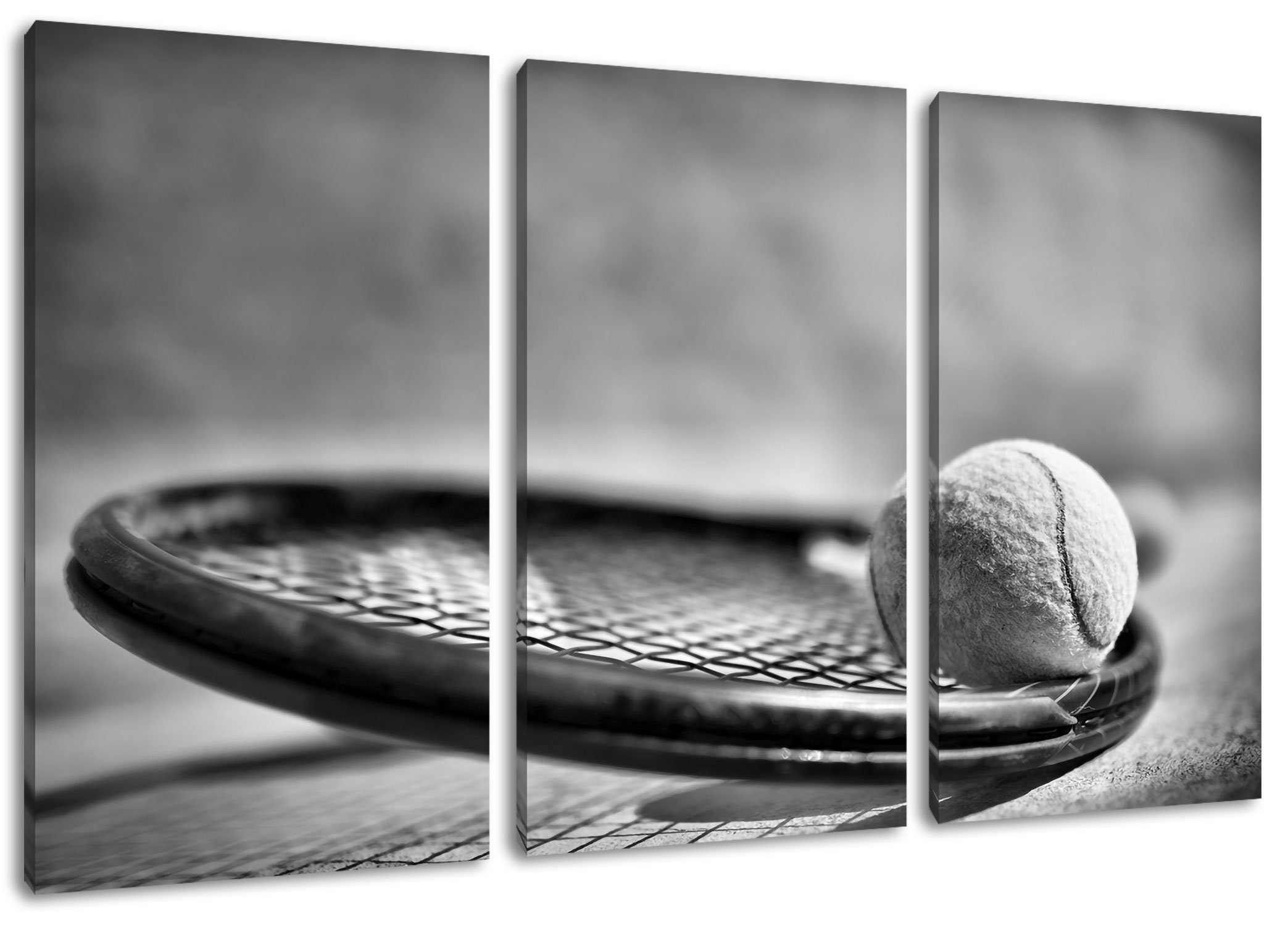 Pixxprint Leinwandbild bespannt, Tennischläger Tennischläger mit (1 Zackenaufhänger fertig (120x80cm) 3Teiler Leinwandbild inkl. St), Bällen mit Bällen