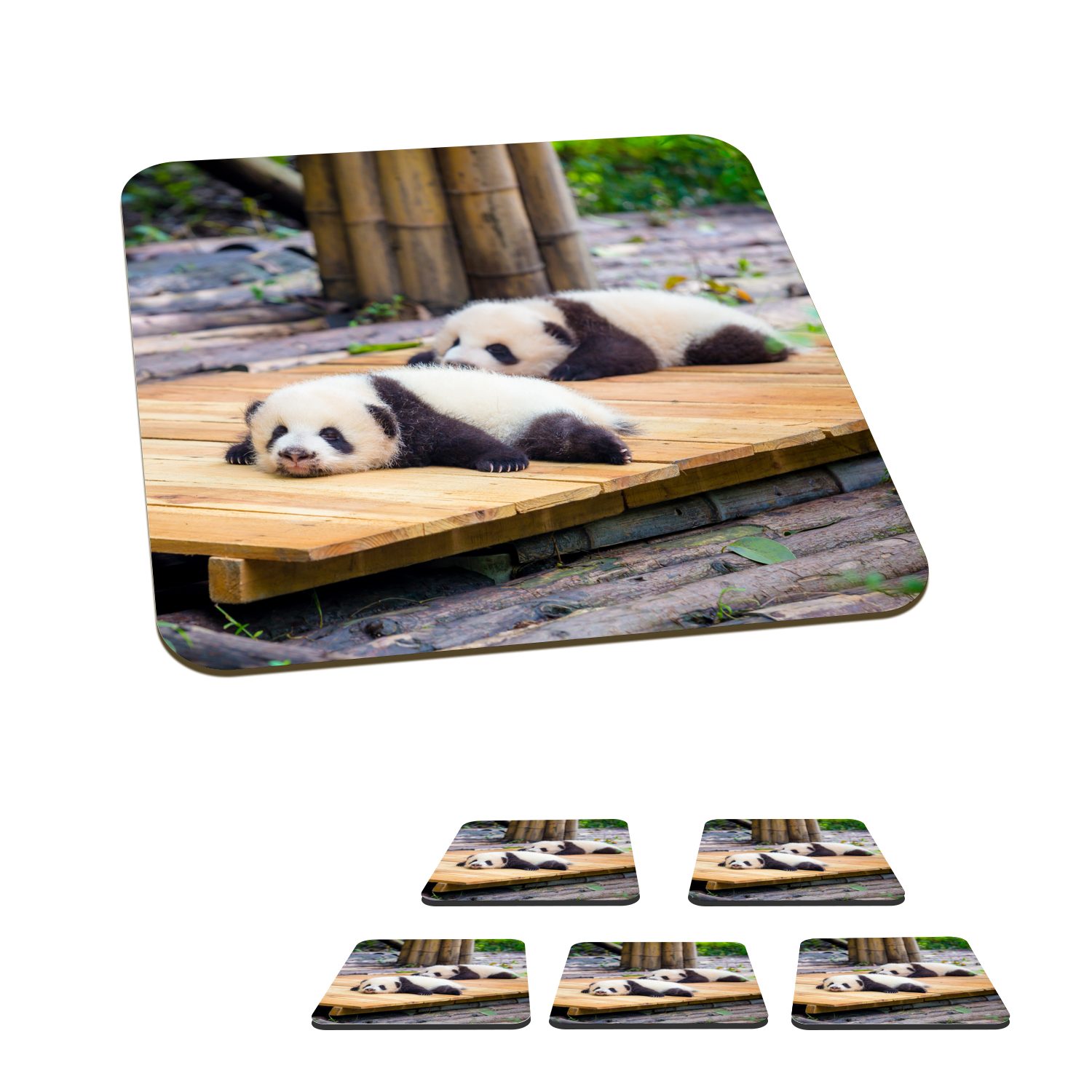 MuchoWow Glasuntersetzer Pandas - Zubehör 6-tlg., Korkuntersetzer, - Boden Tischuntersetzer, für Glasuntersetzer, Gläser, Holz, Untersetzer, Tasse
