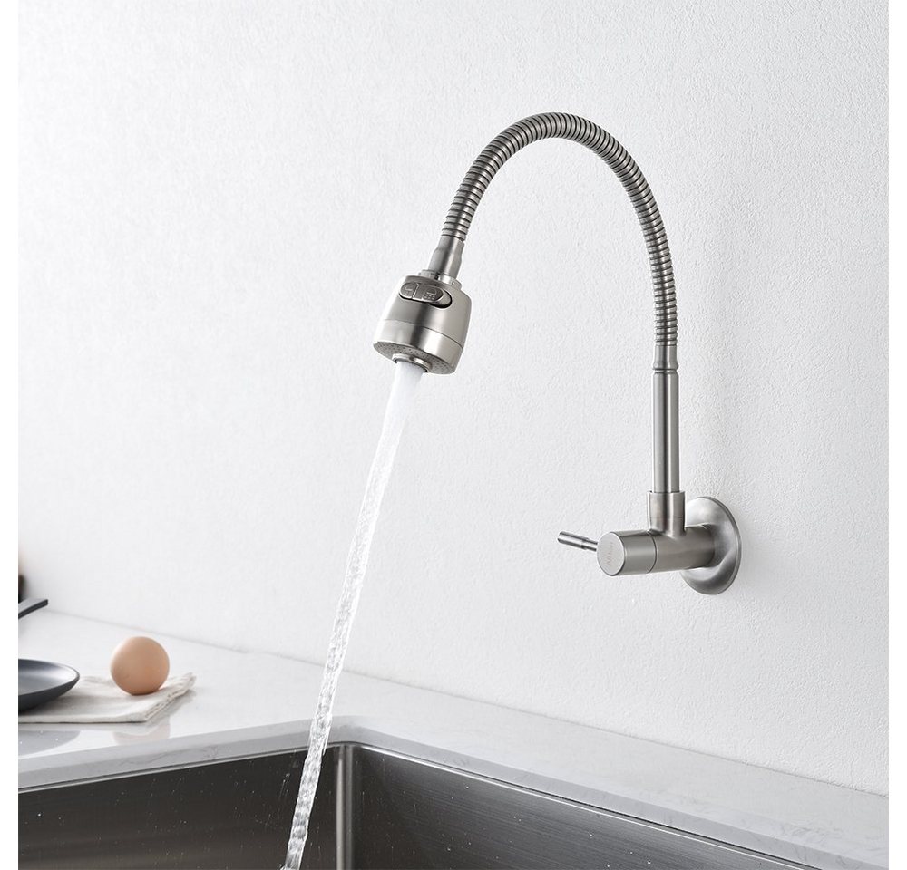 Thumbnail - HOMELODY Küchenarmatur Wasserhahn Küche Wandmontage Kaltwasser Armatur mit Flexibler Auslauf Wandarmatur 2 Strahlarten E...