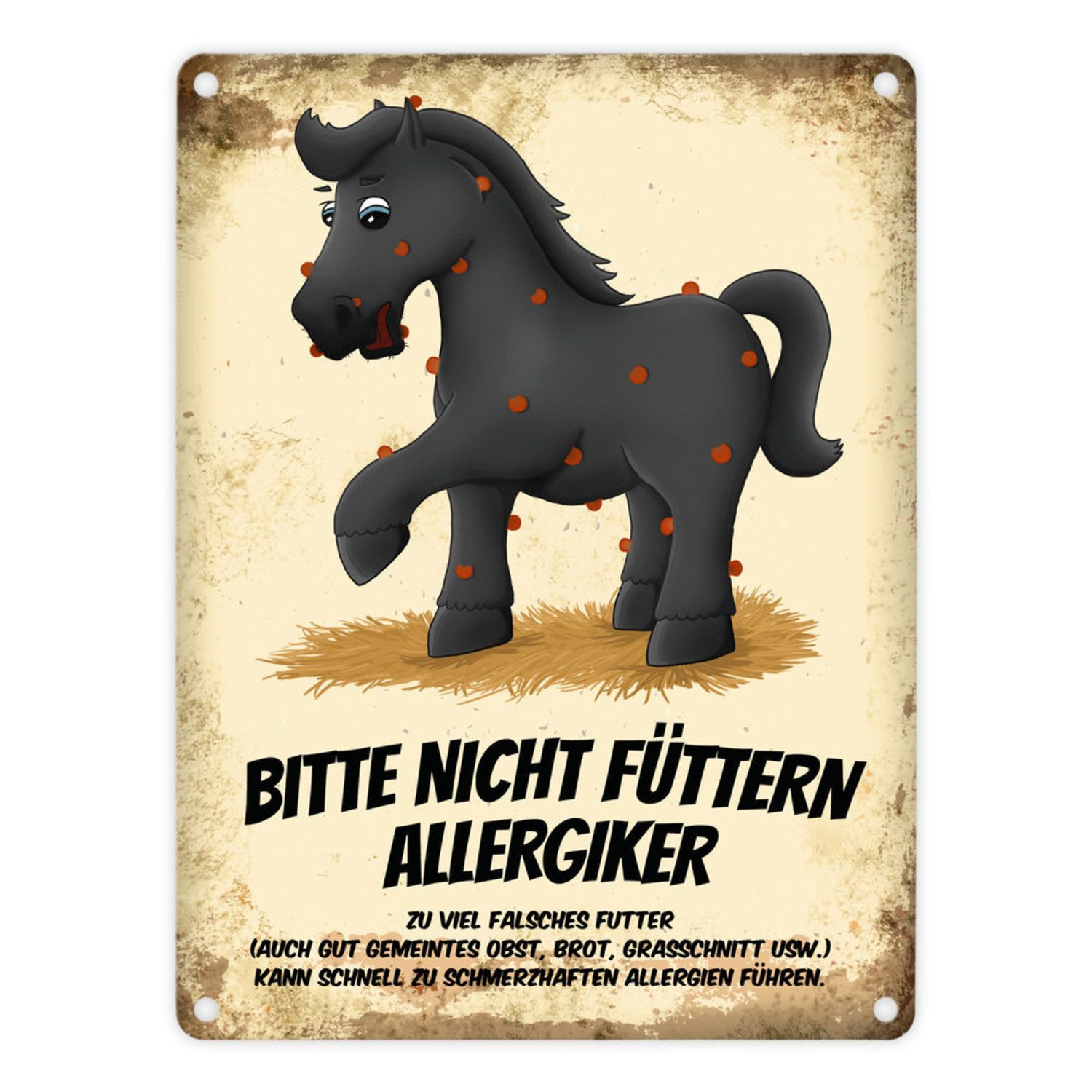 Metallschild Metallschild mit schwarzes Pferd Motiv und Spruch: Bitte nicht