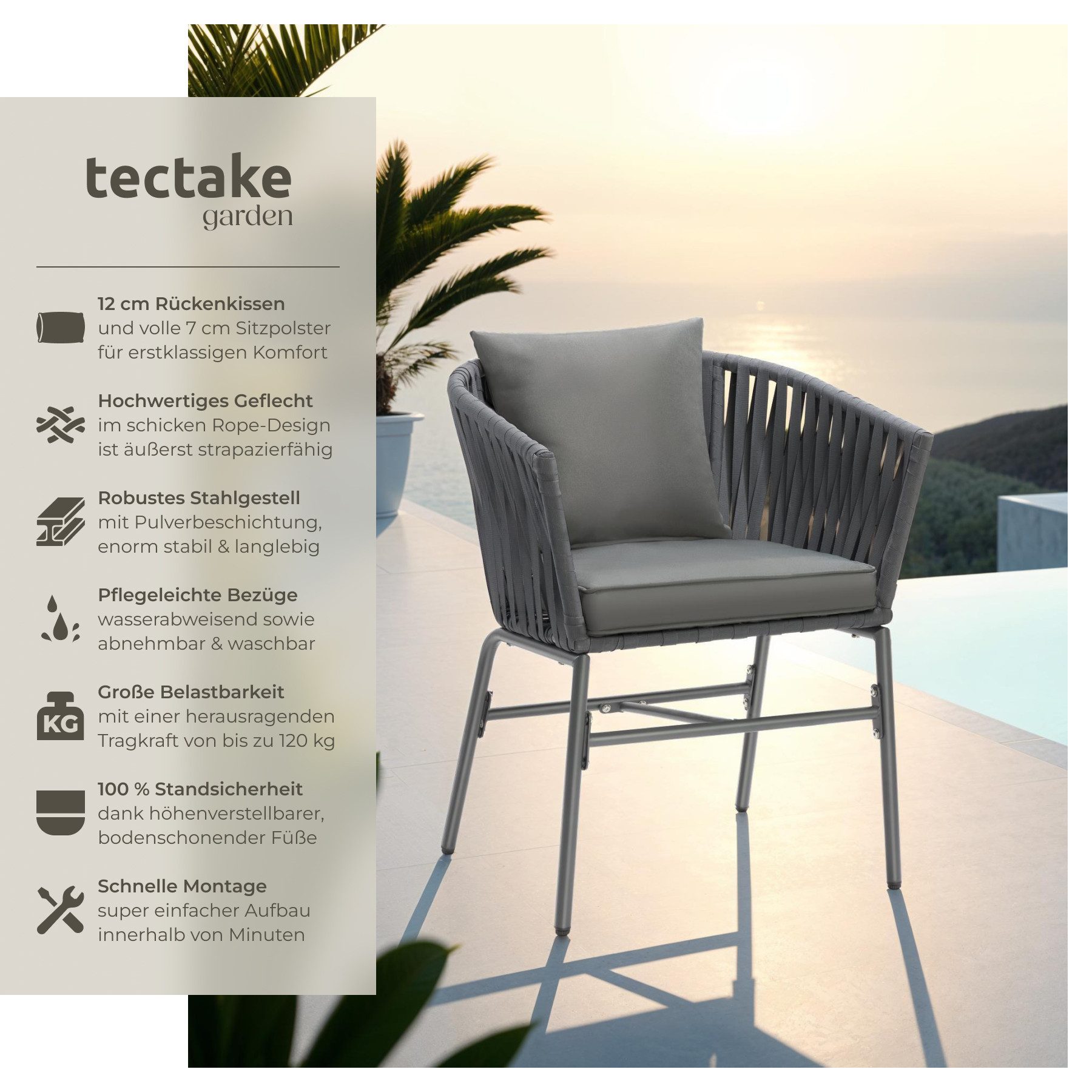 tectake Gartenstuhl Balkonstuhl im Rope-Design, Belastbarkeit je 120 kg, 60 x 61 x 77 cm (Terrassenstuhl Valeiras für Außen in Dunkelgrau/Dunkelgrau, 6 St), höhenverstellbare Füße, abnehmbare Polyesterbezüge, Dicke Sitzpolster