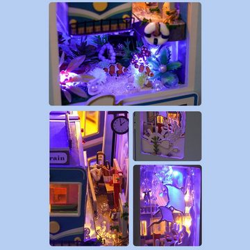 OKWISH 3D-Puzzle Buchstütze Miniatur Holz Bücherregal Holzbausatz Puppenhaus Dekoration, Puzzleteile, 3D Haus Bücherecke Geschenk Geburtstag Weihnachten DIY mit LED-Licht