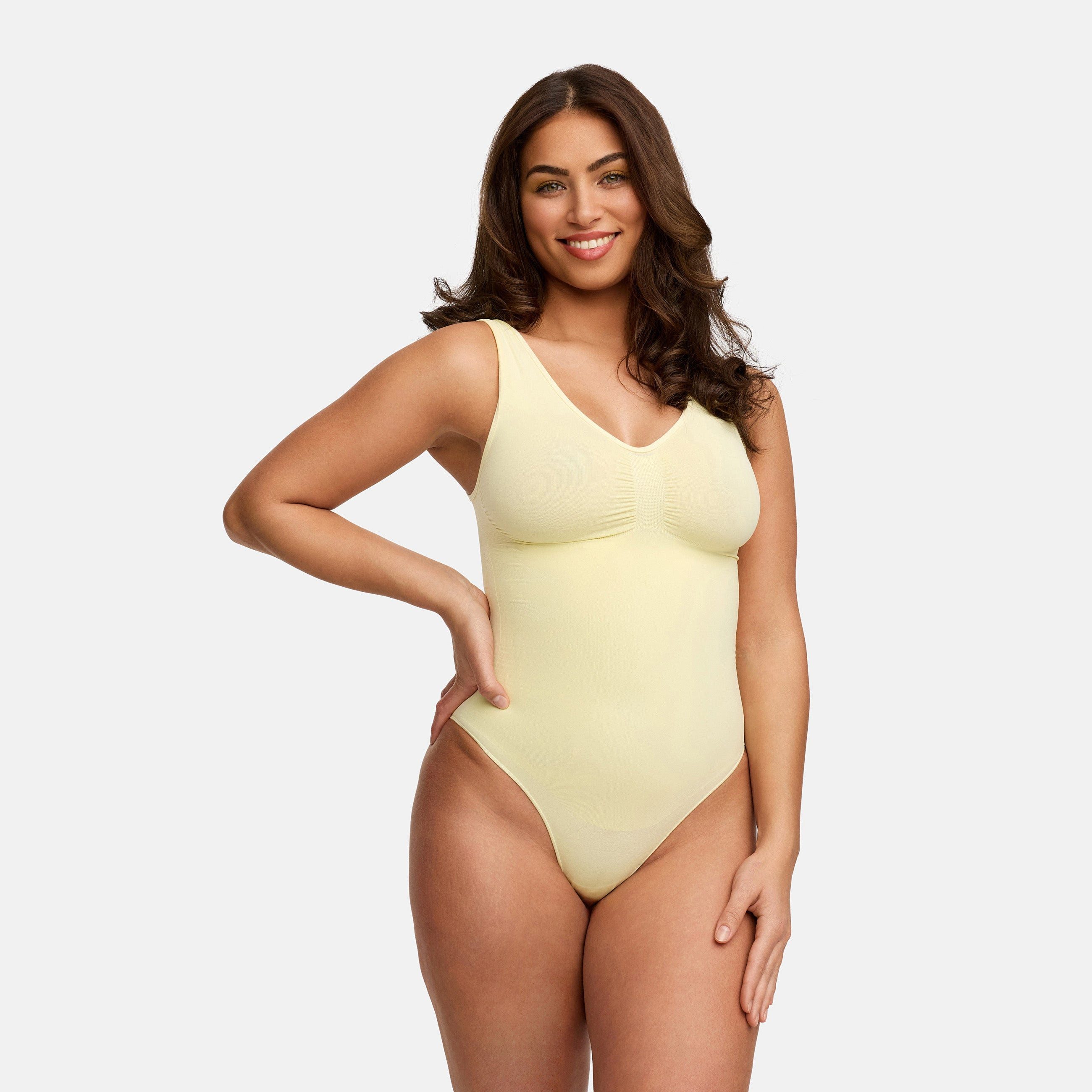 Creamy Fabrics Miederbody Tank Bodysuit Sculpting Shapewear mit String-Baby Yellow-S (1-tlg) Figurformend