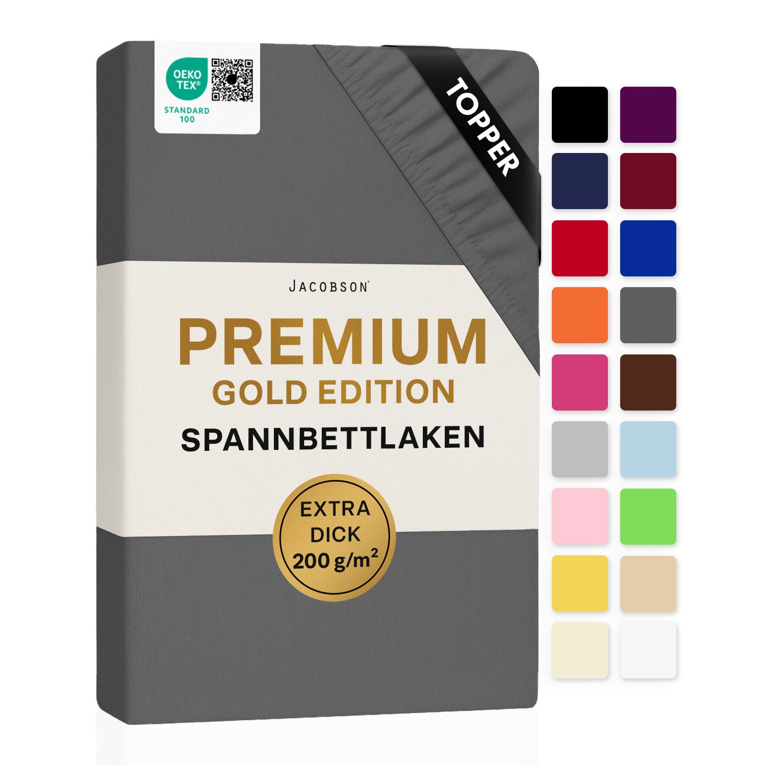 Jacobson Spannbettlaken TOPPER PREMIUM 200 g/m² Jersey aus 97% Baumwolle & 3% Elasthan, Extra dichtes Bettlaken für maximalen Halt