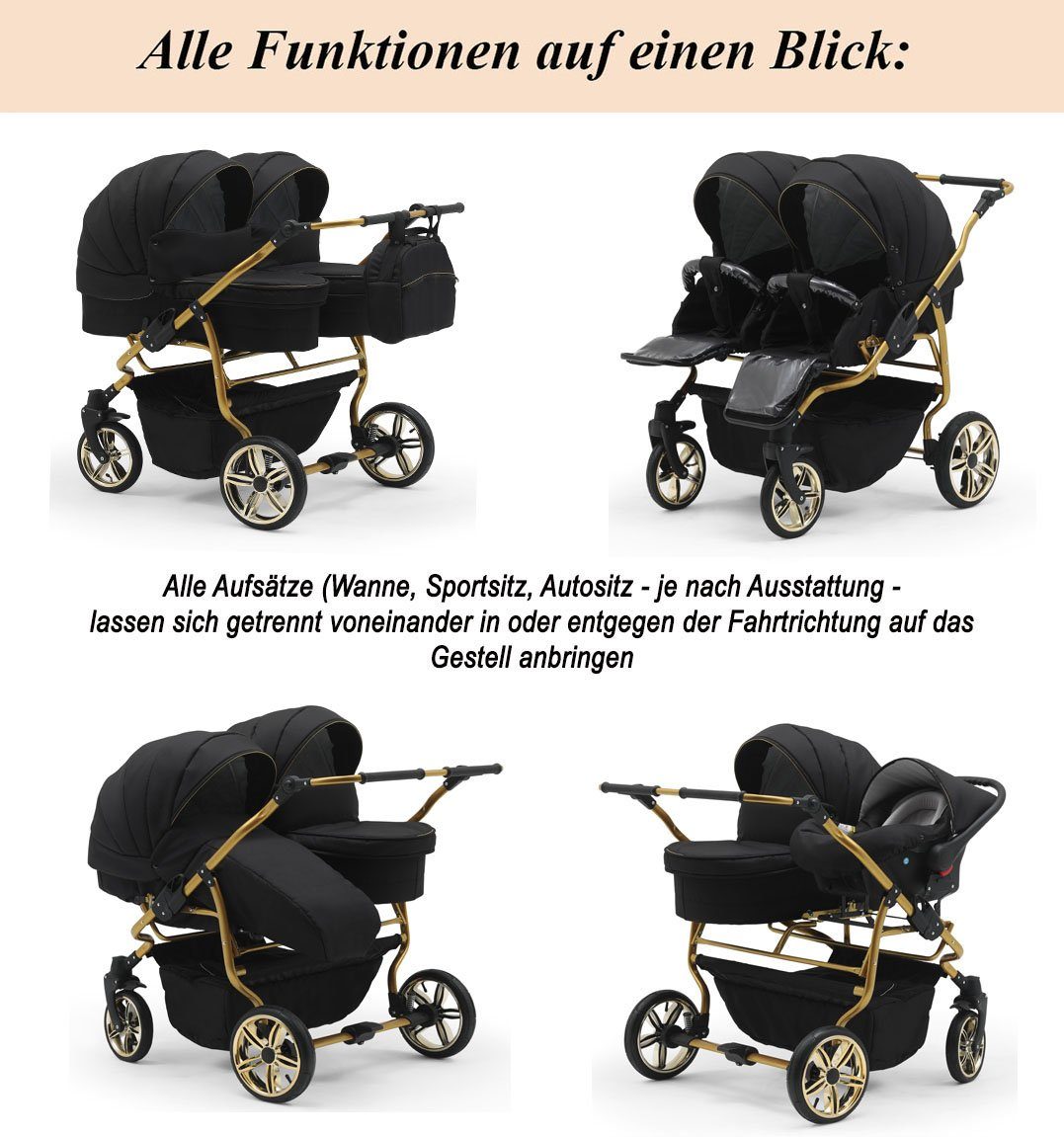 babies-on-wheels Zwillingswagen Zwillingswagen Duet Lux in - 4 Teile 33 in 15 1 Farben - Gold Weiß-Dunkelgrau