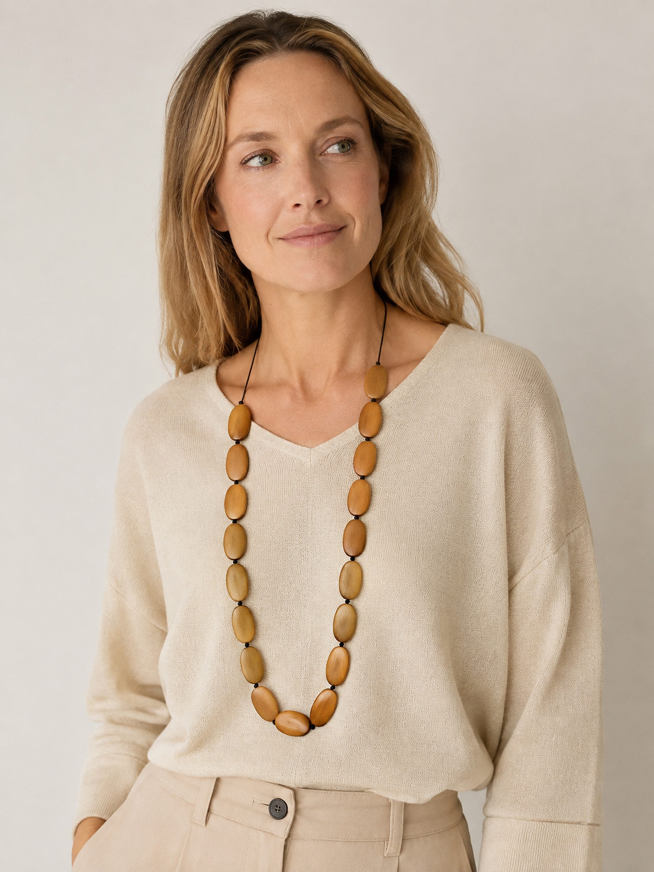 COLLEZIONE ALESSANDRO Lange Kette Charu, flache Holzperlen