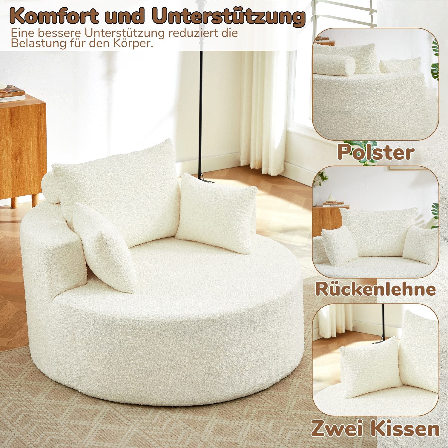 ANYSUN XXL-Sessel Rundsessel 2er Set, Chenille, mit Liegefunktion, ohne Montage. (2er-Set), 127 cm breit, 84 cm Sitztiefe, mit Rücken- und Stützkissen.