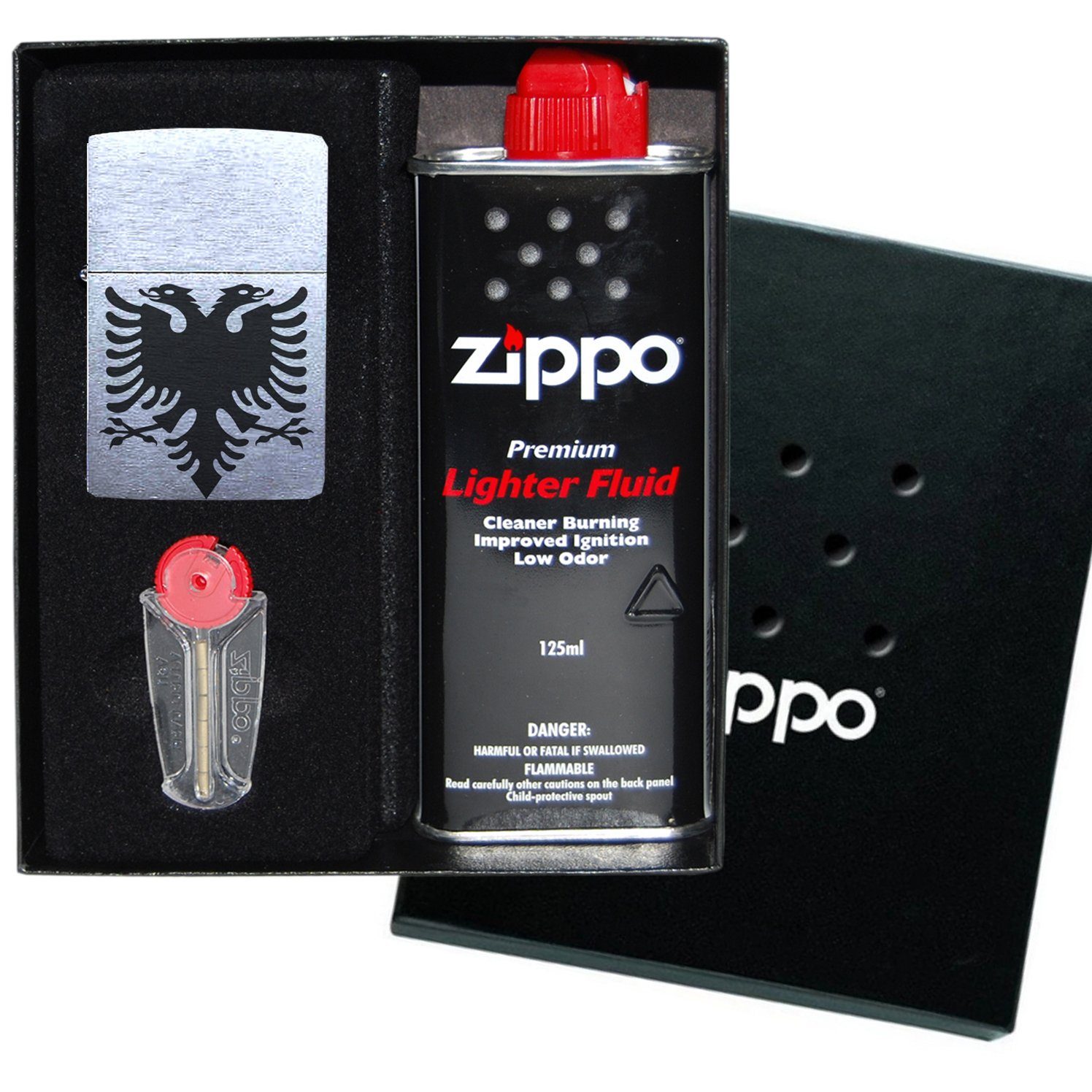 Feuerzeuge Zippo Feuerzeug mit Gravur albanischer Adler Chrome Brushed Albanien