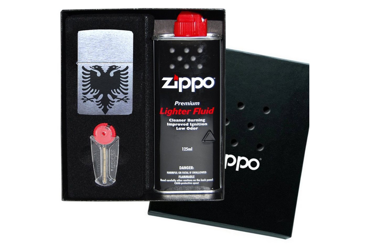 Lasernauten Feuerzeuge Zippo Feuerzeug mit Gravur albanischer Adler Chrome Brushed Albanien, Benzinfeuerzeug