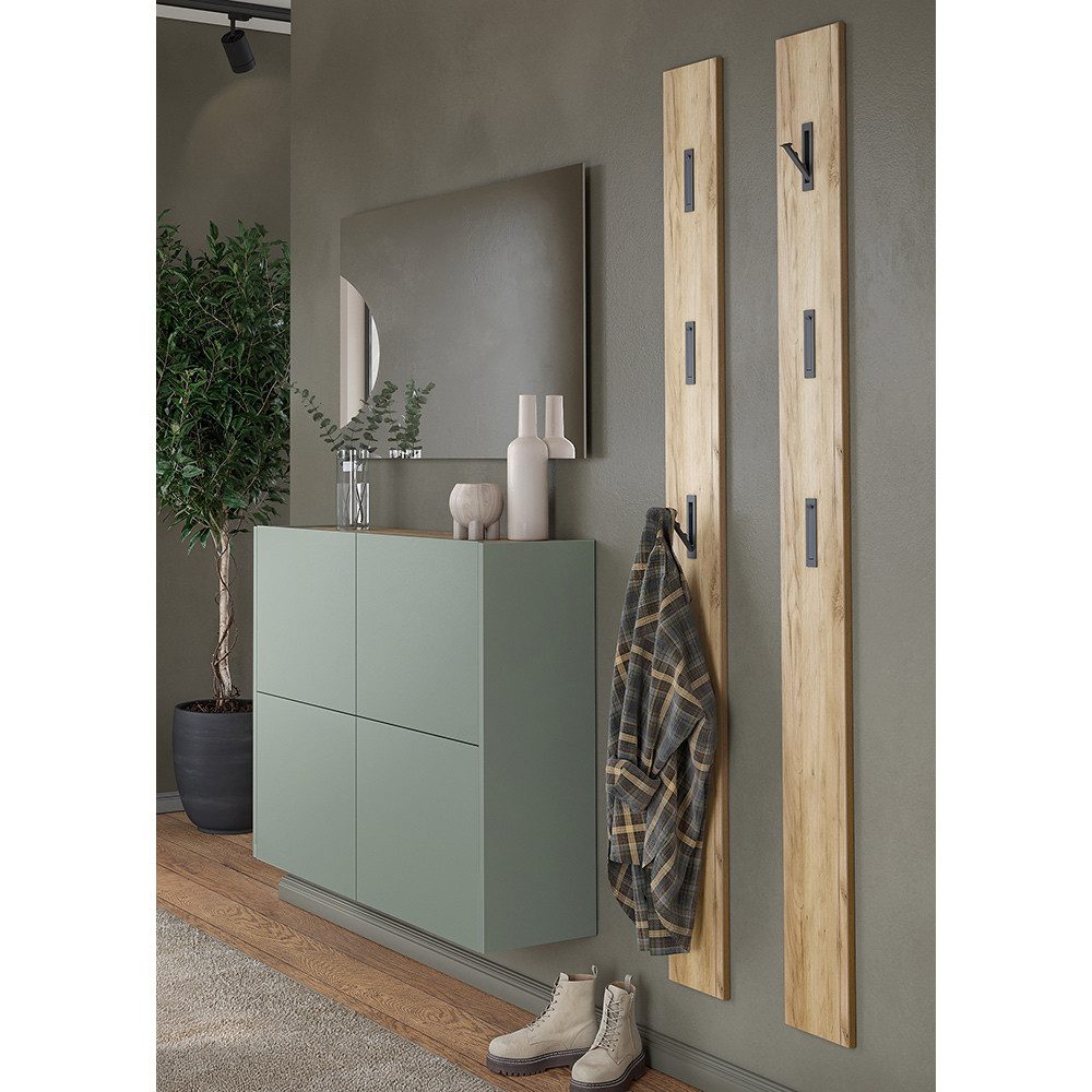 Lomadox Garderoben-Set BAIANO-01, (Spar-Set, 4-St., Garderobenspiegel Schuhschrank Garderobenpaneele), in grün und Eiche, grifflos, Push-to-Open
