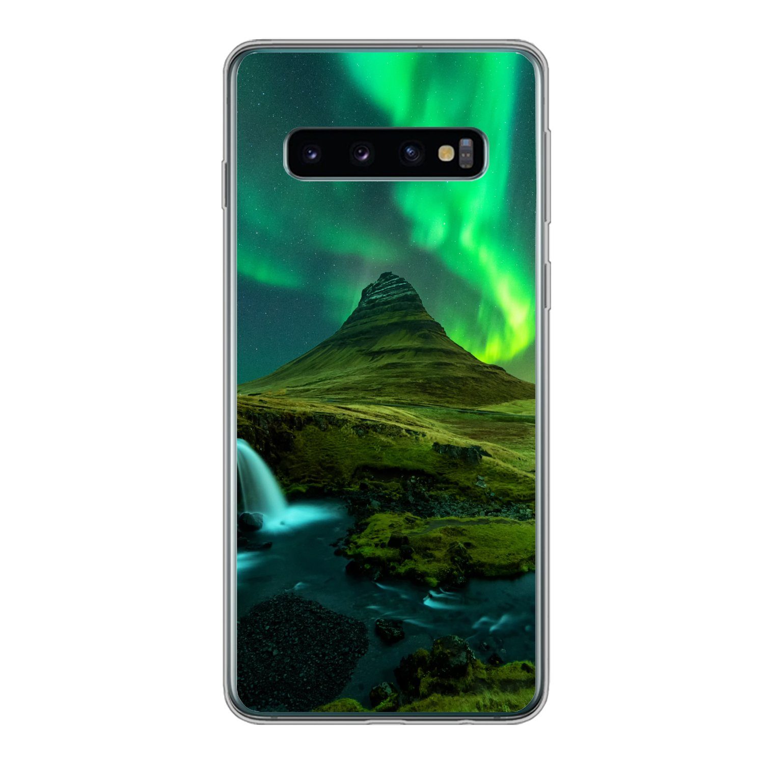 MuchoWow Handyhülle für Samsung Galaxy S10 Nordlichter - Wasserfall - Berg - Island, Phone Case, Silikon, Schutzhülle Dünn