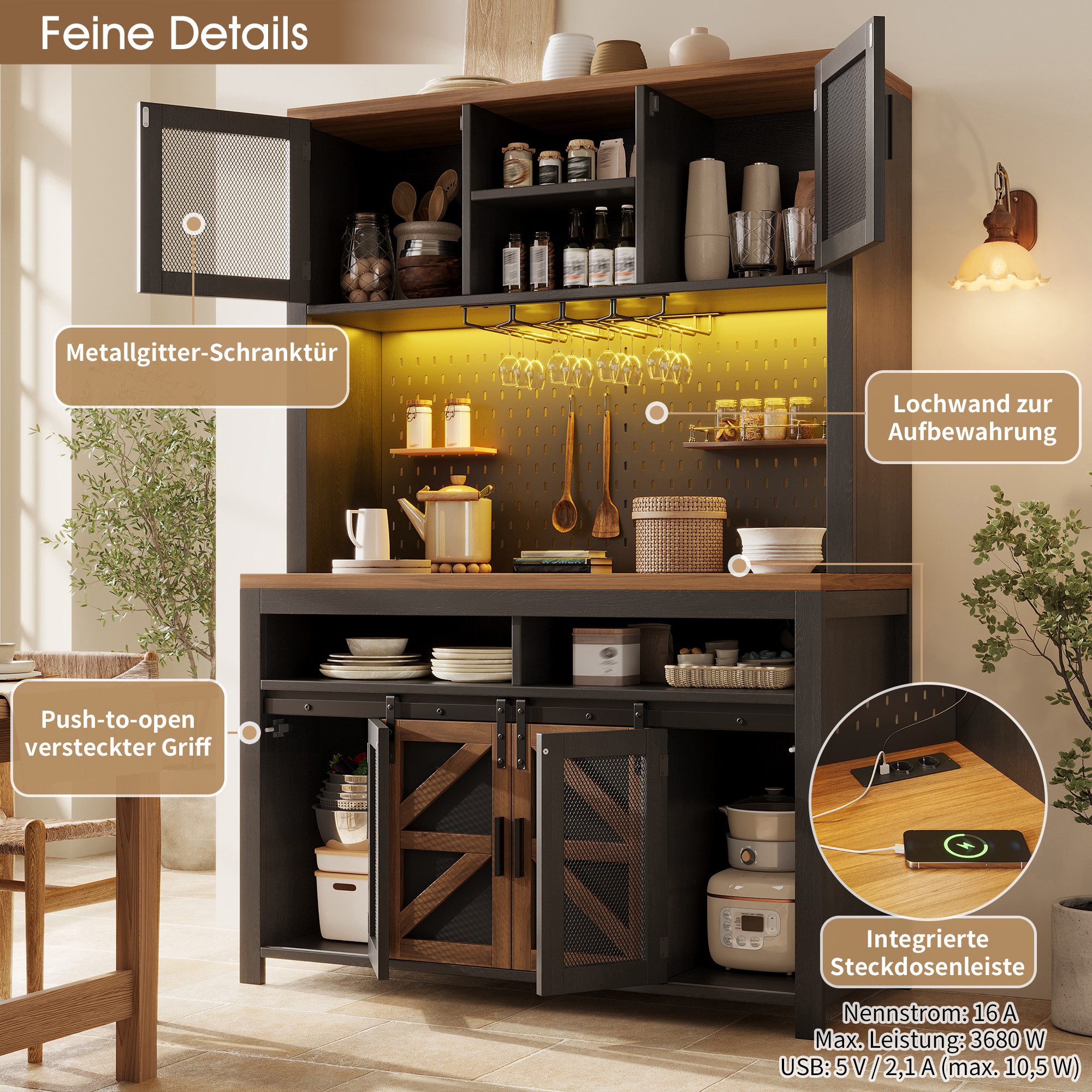 i@home Hochschrank Küchenschränke mit Smart-Light & Steckdosen USB-Anschluss,großzügiger Arbeitsfläche,LED-Beleuchtung,Schwarze /Weiß