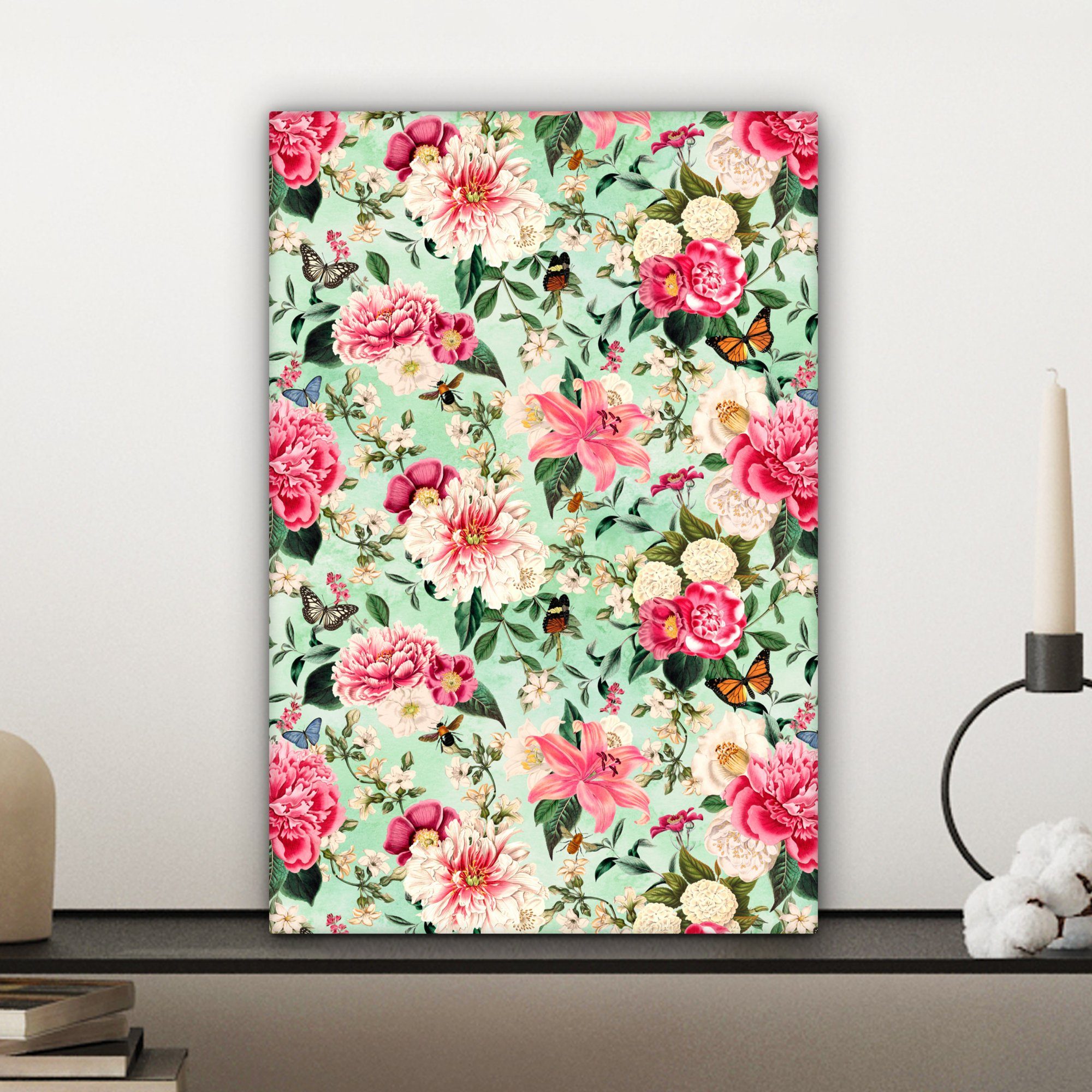 Leinwandbild cm OneMillionCanvasses® inkl. Gemälde, St), bespannt fertig (1 Zackenaufhänger, 20x30 - Rosa Schmetterling, Leinwandbild - Blumen