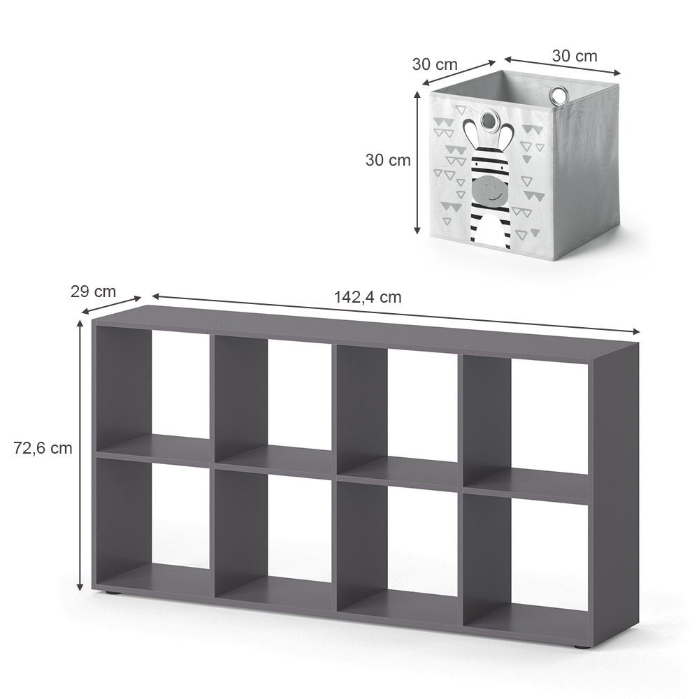 Vicco Bücherregal Scutum, Grau, 143 x 72.6 cm mit 8 Faltboxen, 1-tlg.