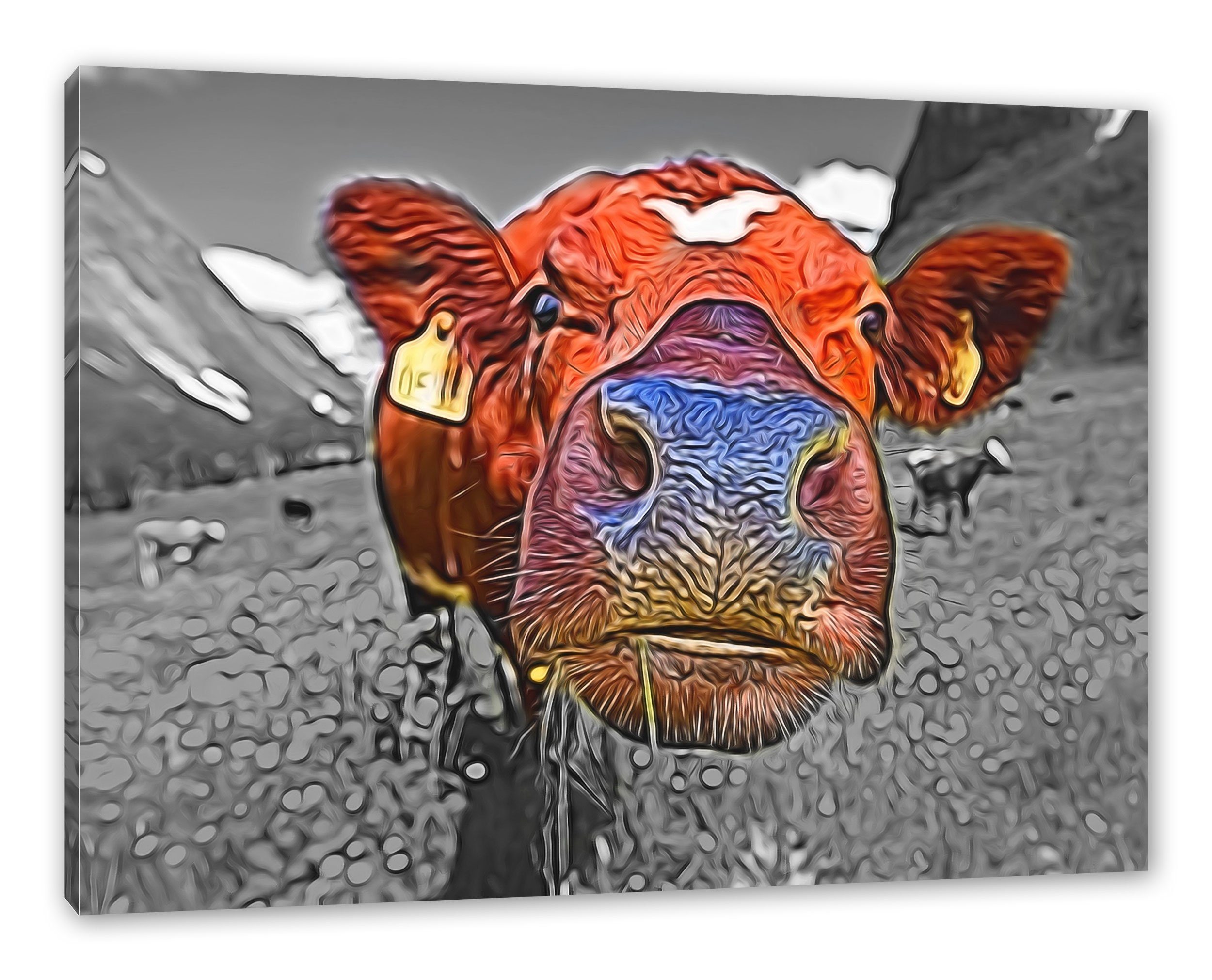 Almwiese auf Leinwandbild auf Leinwandbild inkl. Zackenaufhänger Kuh Almwiese, St), Pixxprint bespannt, Kuh fertig (1