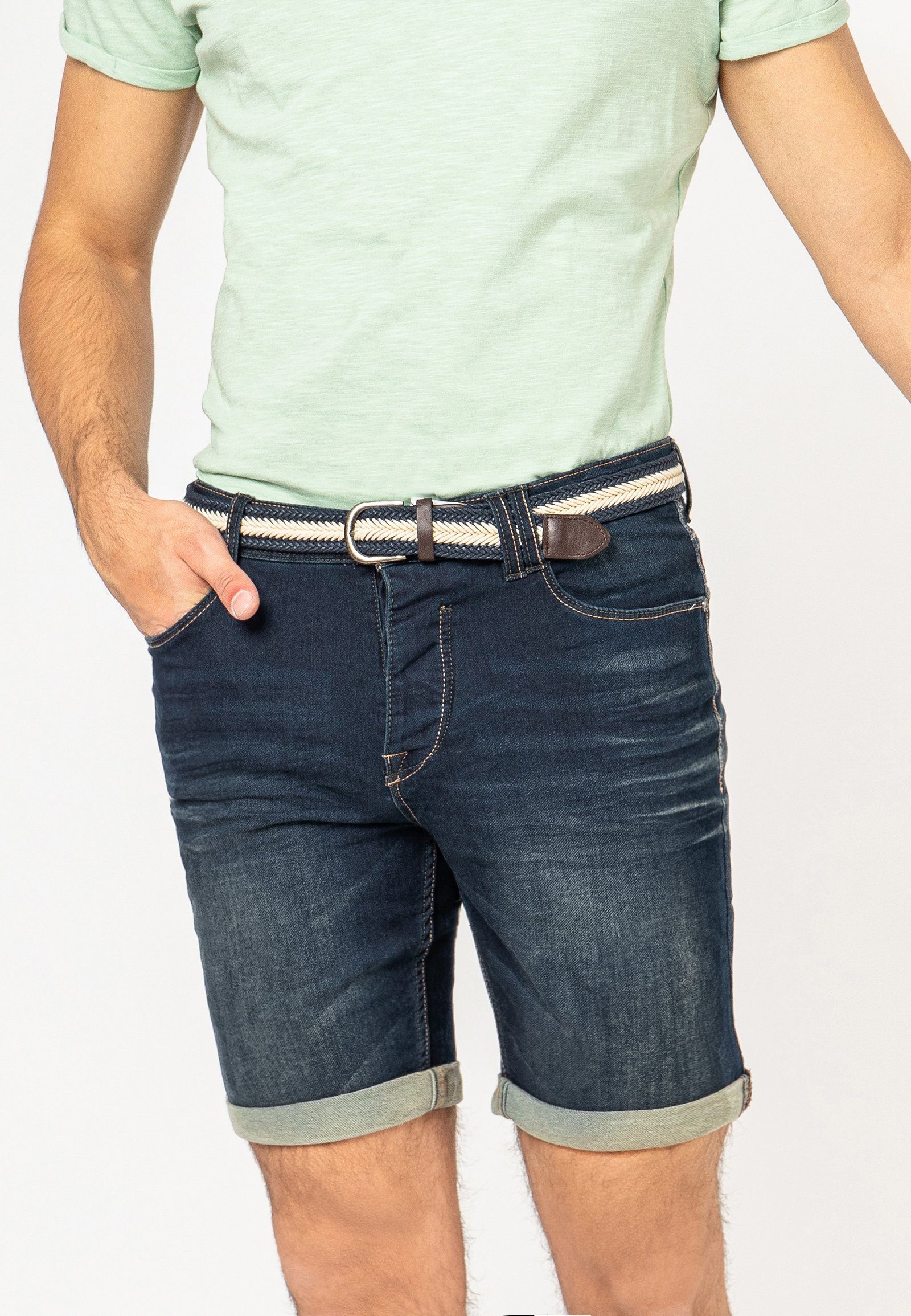 Herren Jeans Bermudas Mit Geflochtenem Gürtel - Sommer Shorts Mit Umgeschlagenem Saum