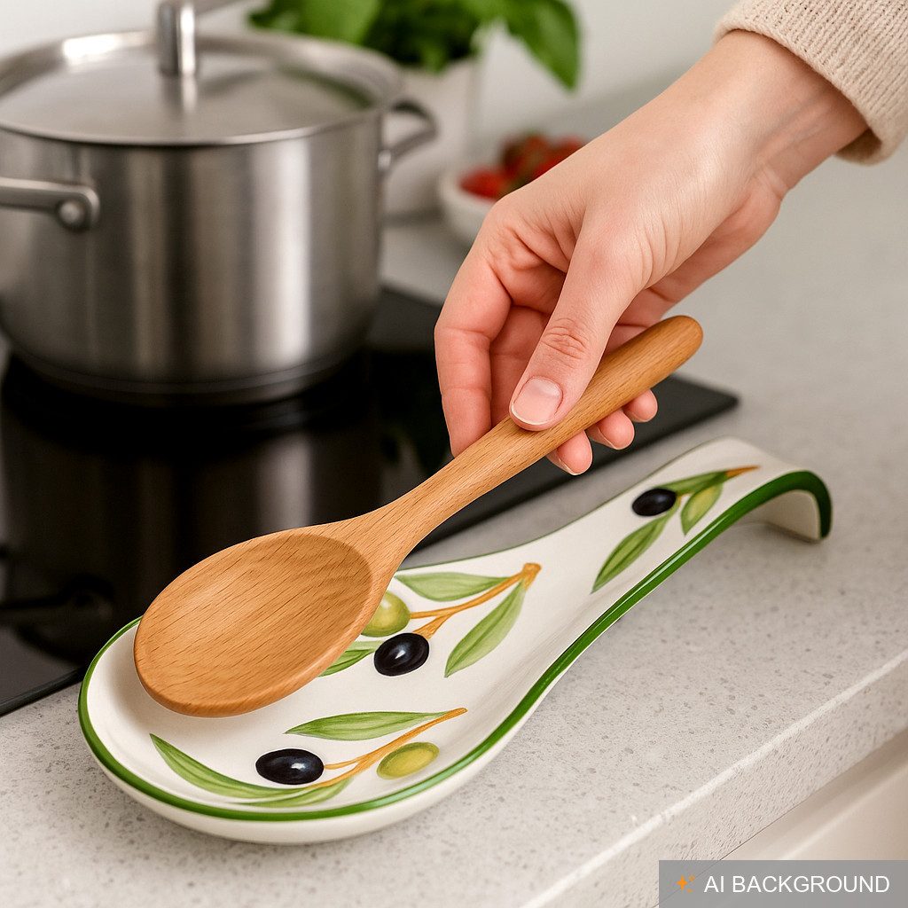 Lashuma Kochlöffelhalter Olive, (1-tlg., 28 cm), Keramik Löffelablage mit Oliven Relief Dekor