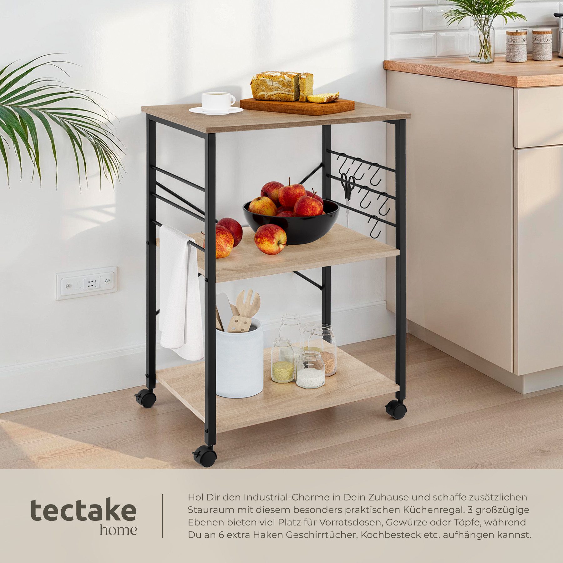 tectake Servierwagen Allzweckwagen inklusive 6 Haken, 65,5 x 45,5 x 88,5 cm, (Küchenregal mit Rollen Rugby, in Industrial Holz hell, Eiche Sonoma), Stahl, mit 3 – Bild 3 von 5
