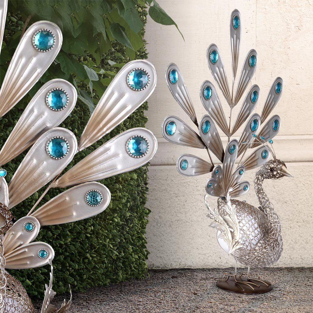 GLOBO LIGHTING LED Dekofigur, LED-Leuchtmittel fest verbaut, Warmweiß, Solarlampe Außenleuchte Pfau Design silber LED Gartendeko H 56,8 cm