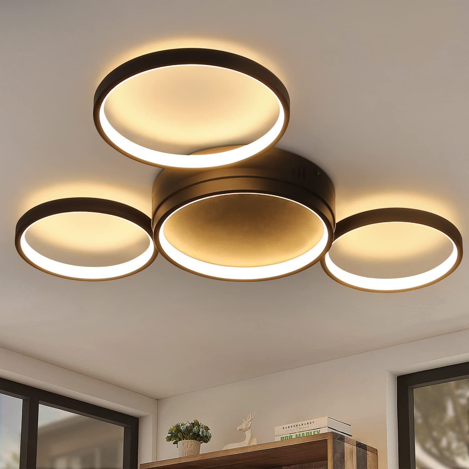mit Wohnzimmer Schlafzimmerlampe LED 4 Küchenlampen integriert, fest Ringe LED Design Deko 29W, Warmweiß Deckenleuchte - Schwarz 3000k, Deckenlampe Wohnzimmerlampe ZMH