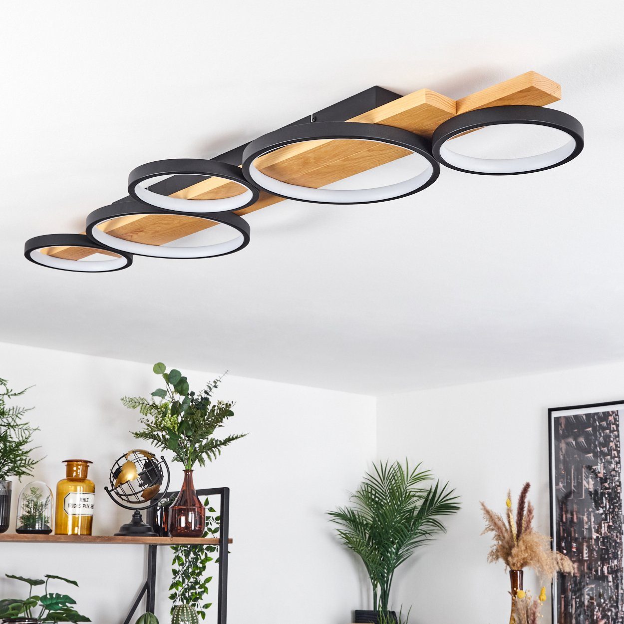 hofstein Deckenleuchte »Caces« dimmbare Deckenlampe aus Metall/Holz in Schwarz/Natur/Weiß, 3000 Kelvin – Bild 5 von 5