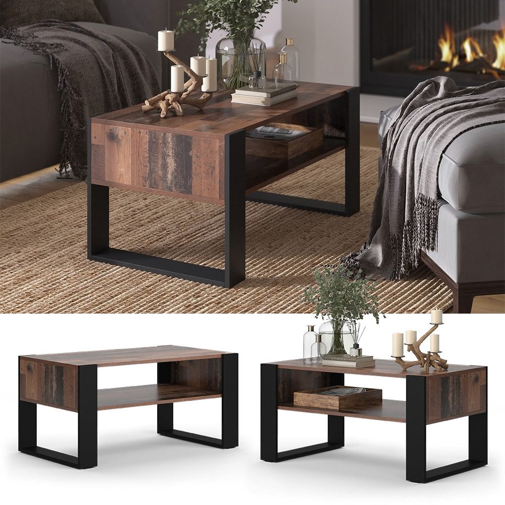 Vicco Couchtisch Olli, Antikholz/Schwarz, 92 x 52,4 cm mit Ablage günstig online kaufen