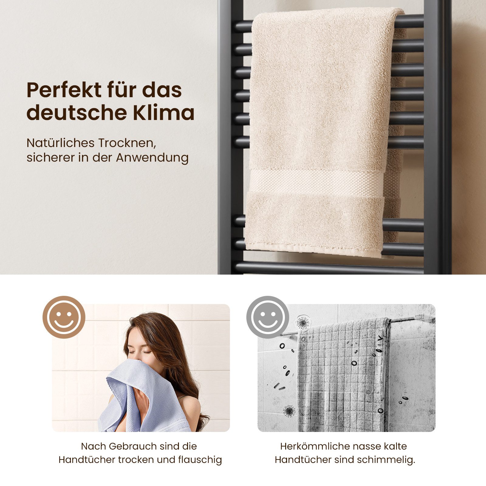 MEYKOERS Badheizkörper Handtuchheizkörper Mittelanschluss Handtuchtrockner für Badezimmer, Weiß/Anthrazit, Mittelanschluss oder seitlicher Anschluss
