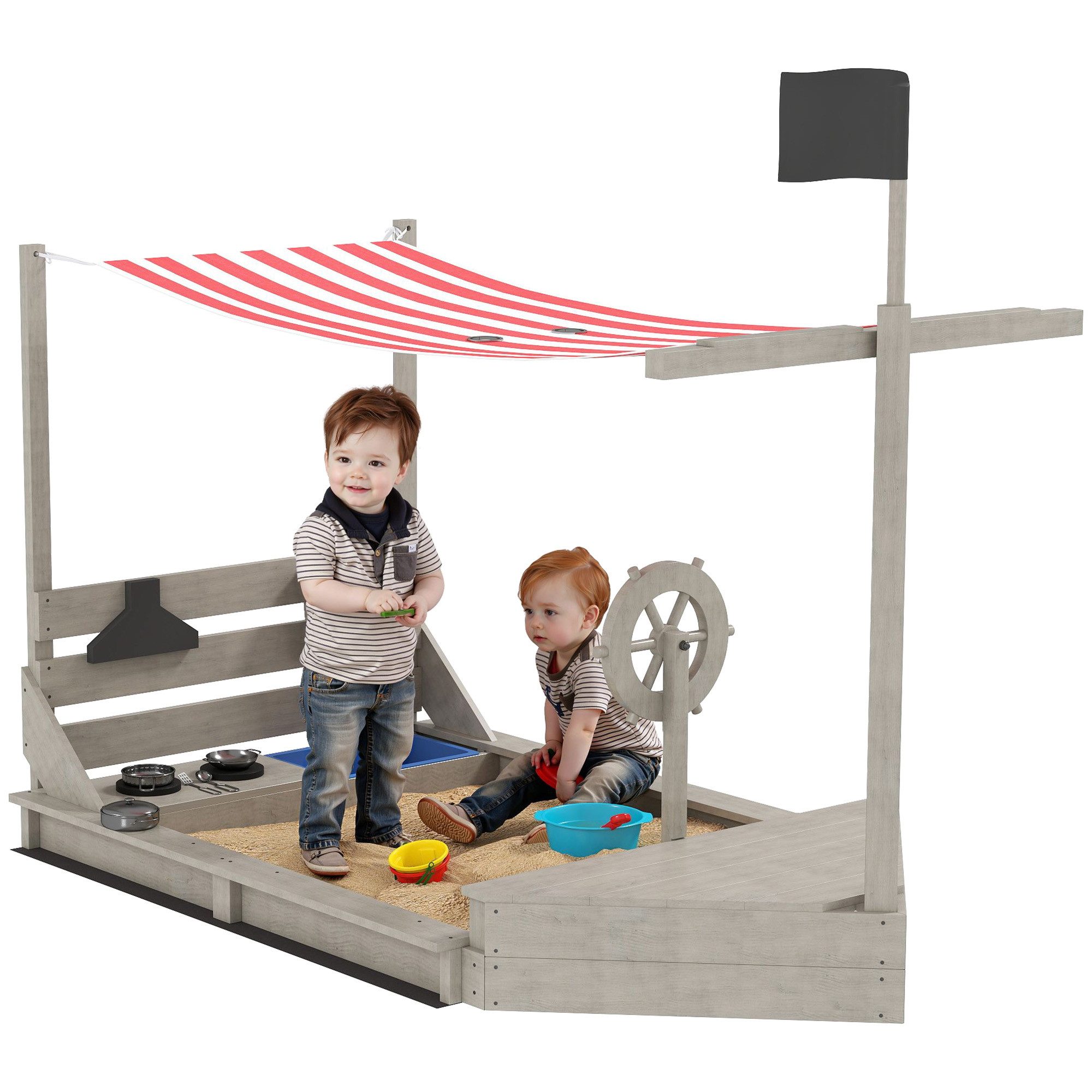 Outsunny Sandkasten Kinder Sandbox mit Abdeckung Sandkiste mit Sitzbänken für Outdoor, (Matschekiste aus Holz, 1-tlg., Segelschiff Spielhaus mit Küchenspielset), für Kinder 3-7 Jahre, Grau