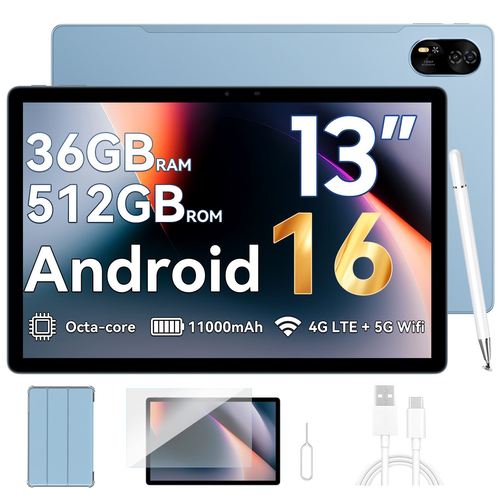 blackview Mega8 13' 4G LTE 12GB+512GB/256GB incl. Stift/Hülle Tablet (13", 512 GB, 4G(LTE), 13 zoll, Android 15, 50MP, 11000mAh, 4G LTE, T620, 512GB)