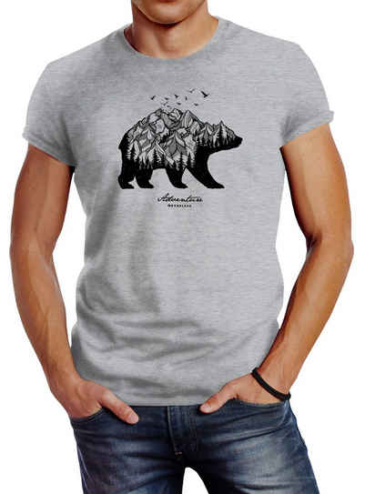 Neverless Print-Shirt Herren T-Shirt Bär Abenteuer Berge Wald Bear Mountains Adventure Slim Fit Neverless® mit Print