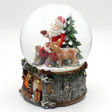 Dekohelden24 Schneekugel XXL Schneekugel, Weihnachtsmann mit Reh und Tannenbaum, mit Sound, (1 St)