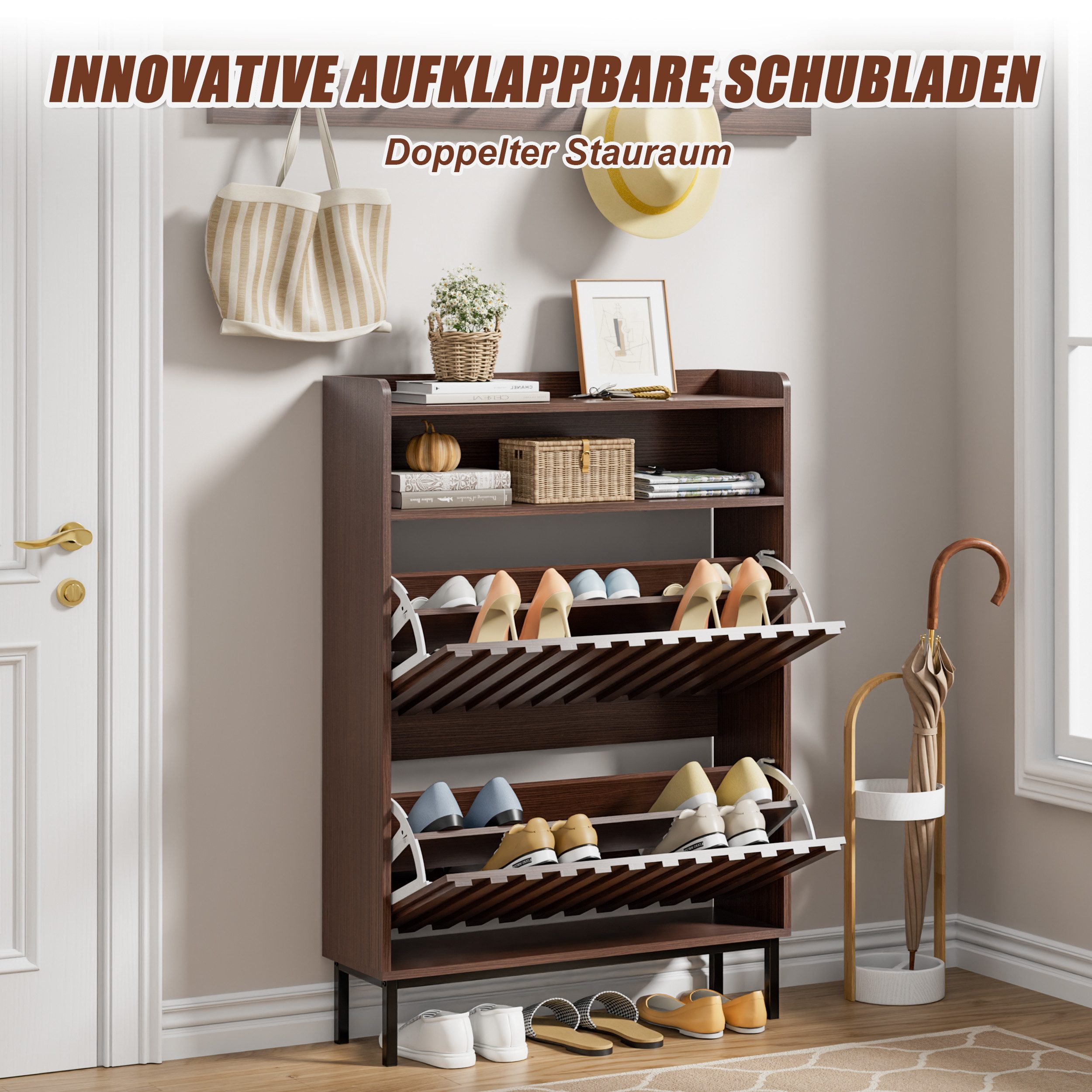 UEV Schuhschrank mit 2 Klappen Schuhregal Schukipper schmal platzsparend (Modern Schuhaufbewahrung mit Oberplatte Platzsparend, Anti-Kipp-Vorrichtung für Eingan – Bild 4 von 5