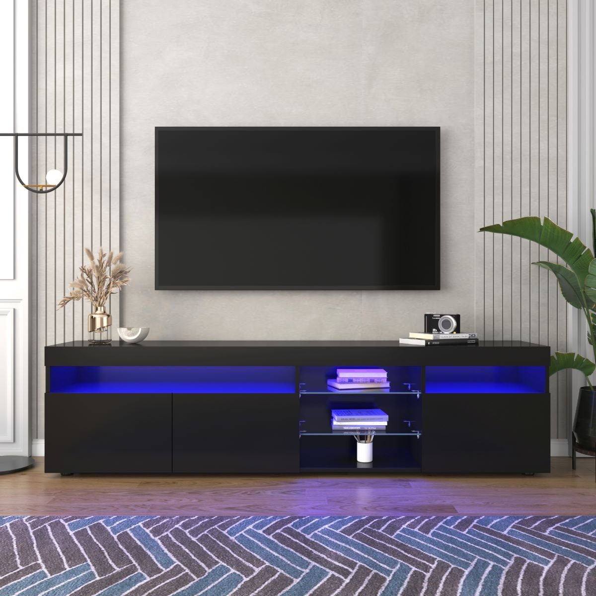 Fangqi TV-Schrank 180x35x45cm TV-Schrank, mit vierfarbigen LED-Leuchten,8 Stauräume (maximal belastbar 30kg) Schwarz