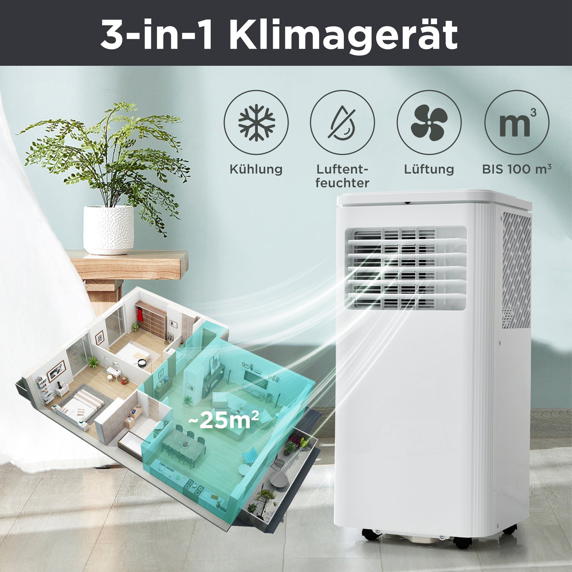 und Standventilator Mobile Abluftfunktion, Klimaanlage mit für Fangqi Ventilationsfunktion bis 100m³,Luftentfeuchter,24h-Timer, weiß Räume