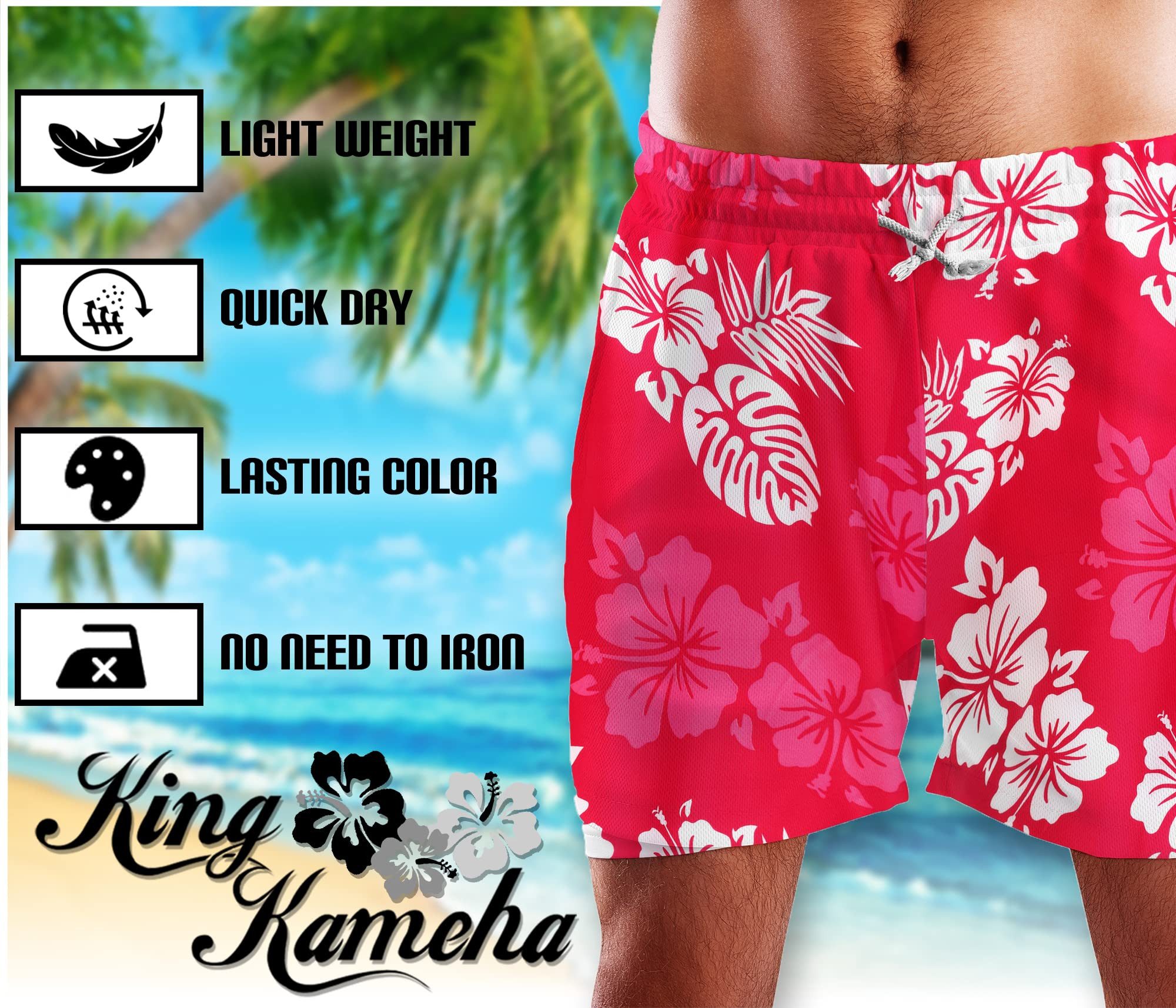 King Kameha Badeshorts Mono Hibiscus Hawaii Bade-Shorts Mesh-Einsatz Verschluss Kordelzug Mit integriertem Mesh-Innenslip für extra Komfort
