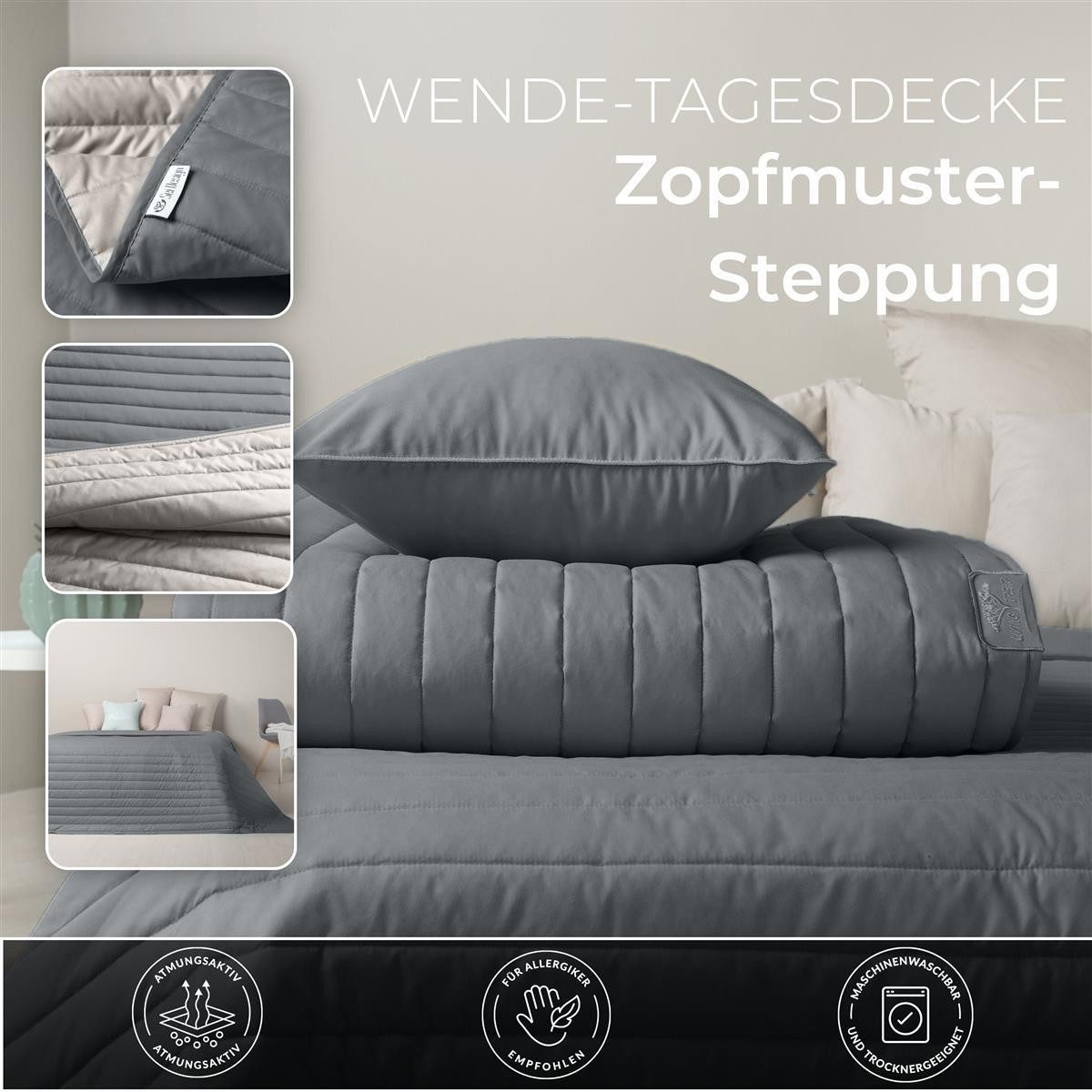 SEI Design Bettüberwurf Tagesdecke Überwurf für Bett Sofa - Liniensteppung – Wendedecke, Wendedecke Bettüberwurf