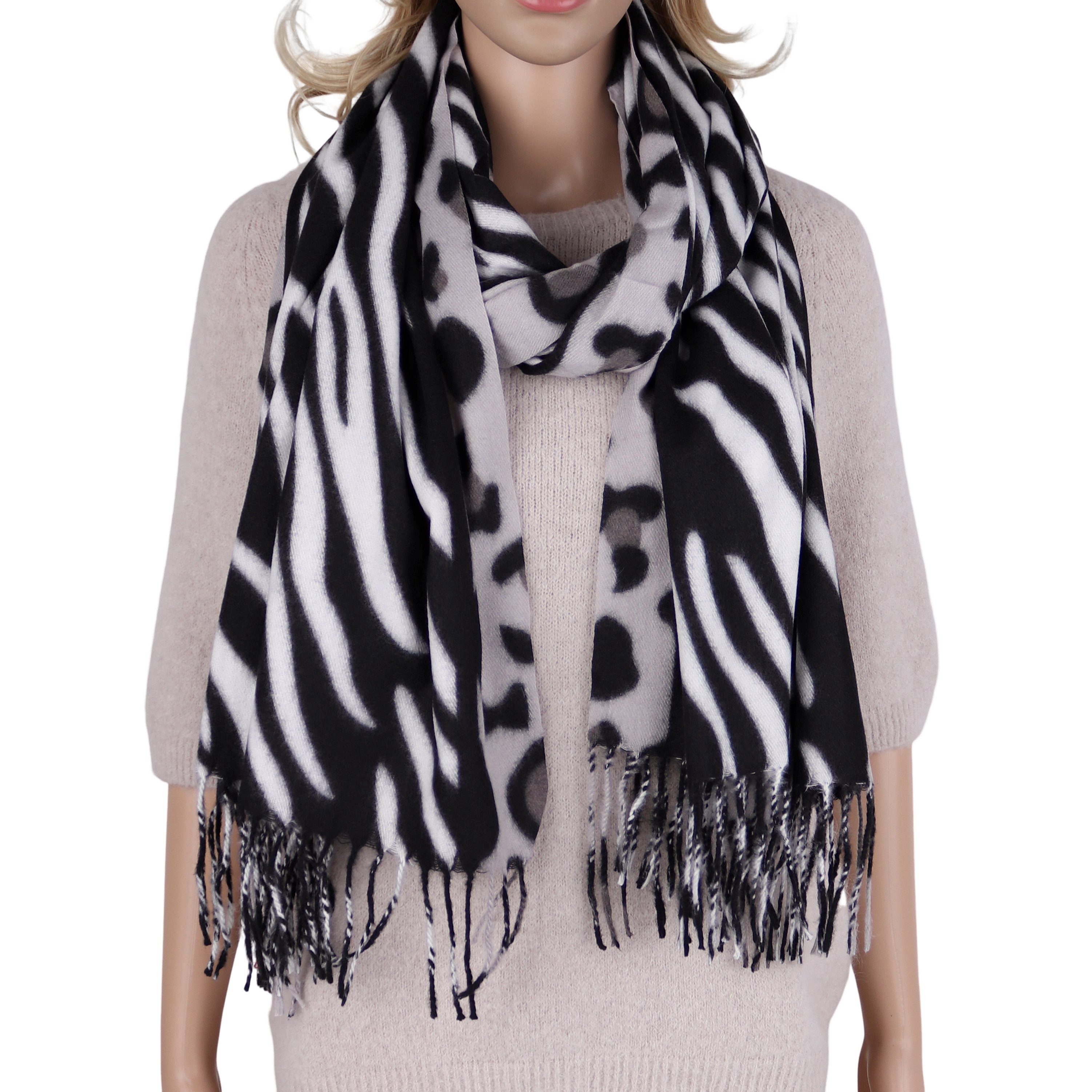 MIRROSI Modeschal weicher und warmer Schal mit Fransen, ca.70x180cm, (Leopard Zebra Muster), Damen Halstuch ideal für Herbst und Winter