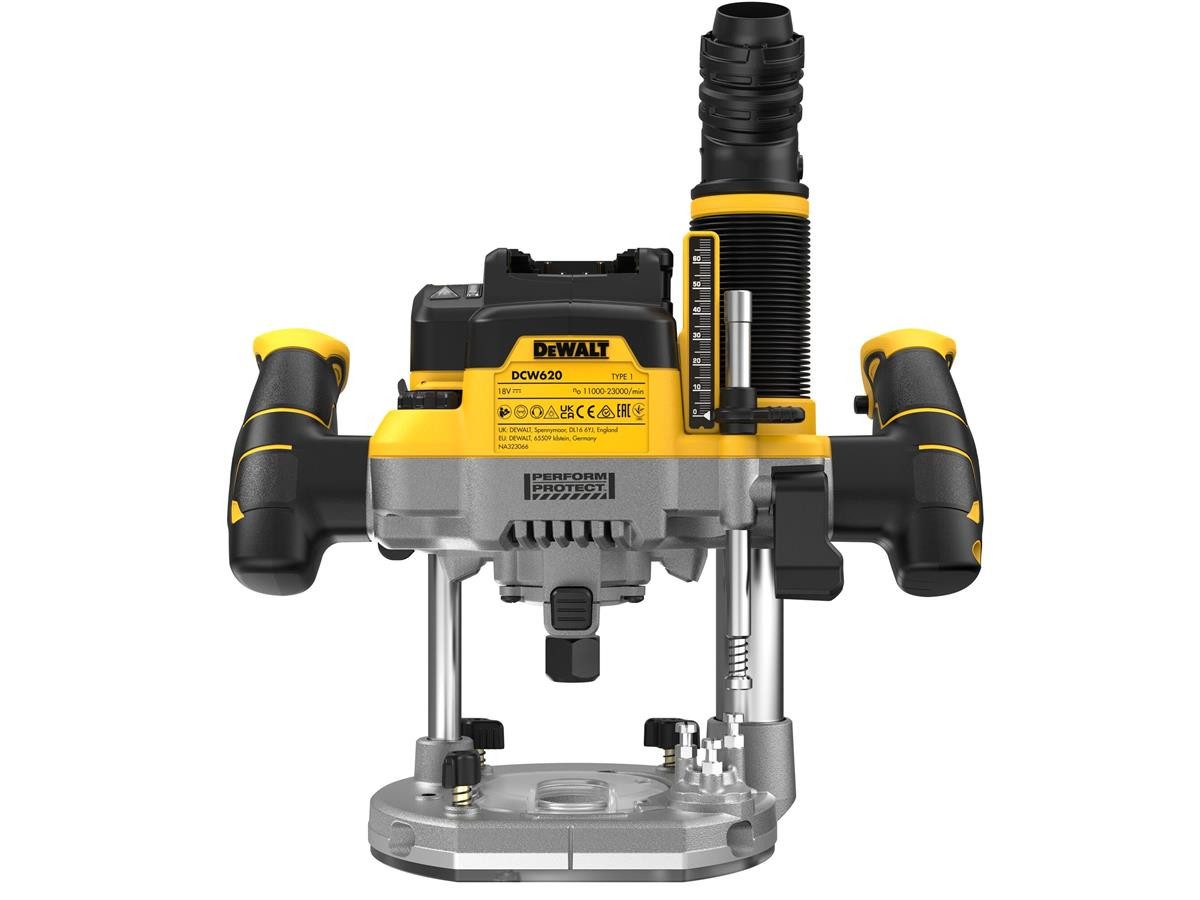 DeWalt Oberfräse 18 V (Basisv), 18 in V, (Set), 1.600W, Sanftanlauf, ink.l Parallelanschlag, max. Fräs-Ø: 63 mm