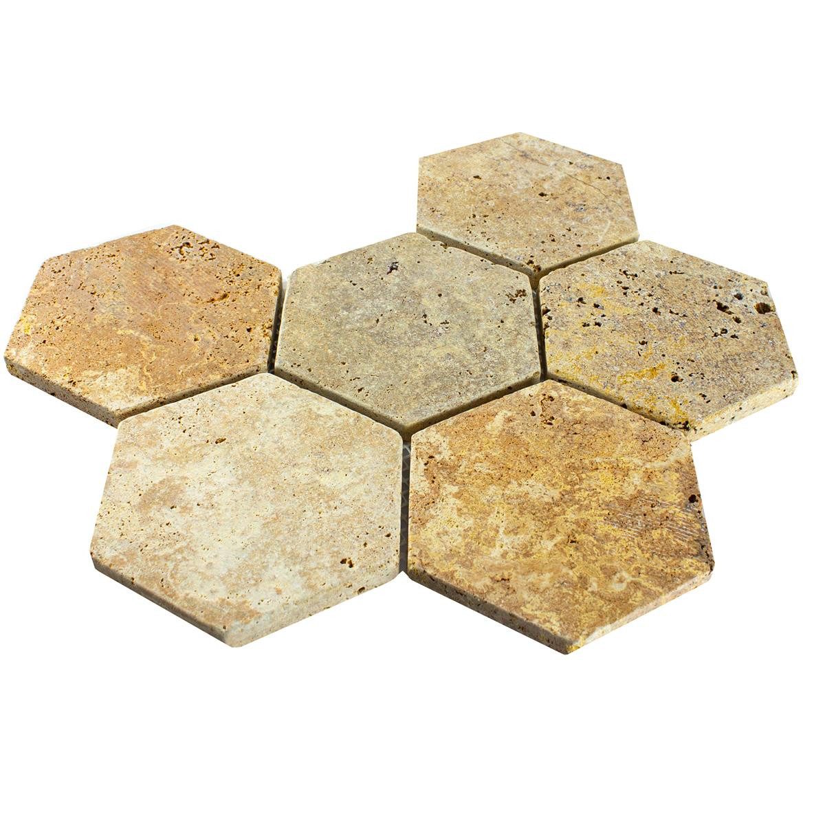Mosafil Mosaikfliesen Travertin Naturstein Mosaikfliesen Mercado Sechseck, Naturstein-Travertin 26.200x19.900, gold, Verlegefertig auf ein Netz geklebt - Frostsicher - Wasserfest -