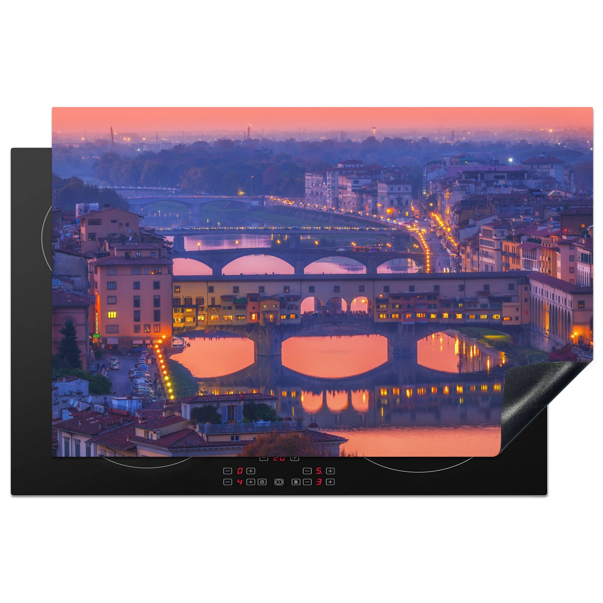 MuchoWow Herdblende-/Abdeckplatte Rosafarbene Schattierungen am Himmel über der Ponte Vecchio in Italien, Vinyl, (1 tlg), 81x52 cm, Induktionskochfeld Schutz für die küche, Ceranfeldabdeckung
