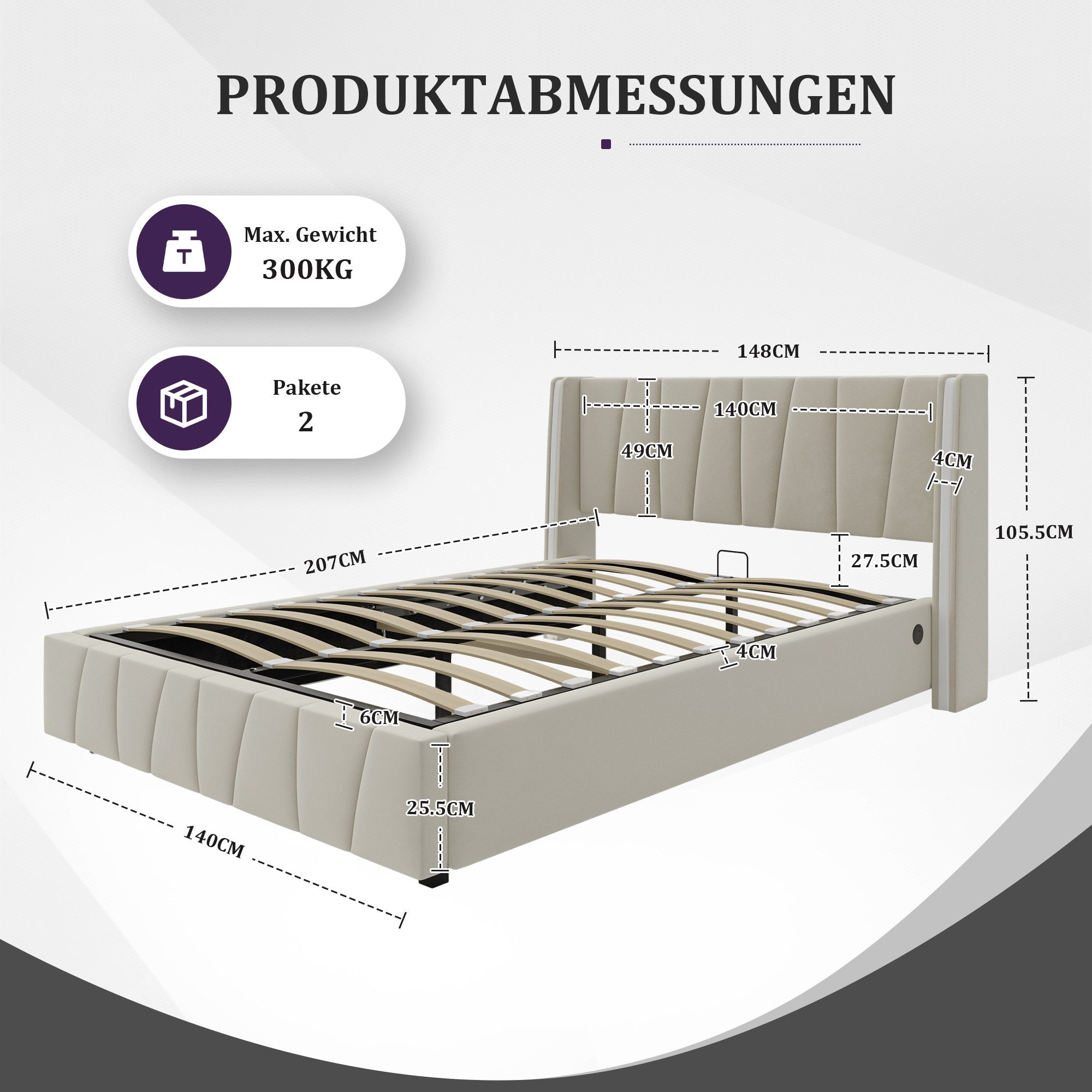 Celya Polsterbett Doppelbett, Samtstoff, USB-Anschlüsse an günstig online kaufen