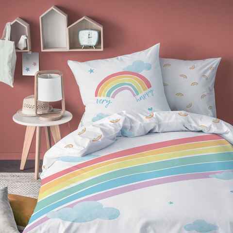 Bettwäsche Regenbogen 135x200 + 80x80 cm, 100 % Baumwolle, MTOnlinehandel, Renforcé, 2 teilig, Happy Rainbow Kinderbettwäsche mit Wolken, Herzen & Sternen