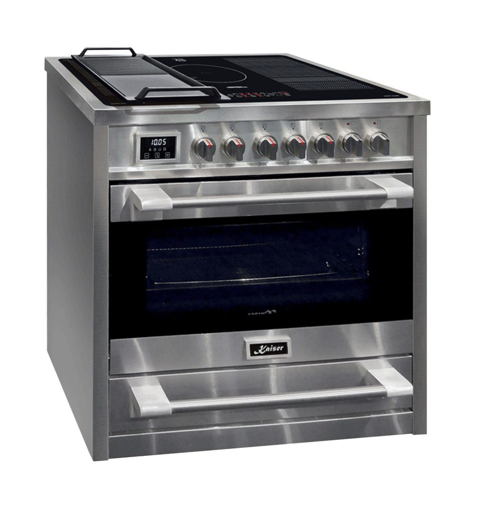 Kaiser Küchengeräte Induktions-Standherd Induktionsherd 90 cm mit XXL Backofen 115 L, Drehspieß, Heißluftsystem HC 93691 IR., mit 1-fach-Teleskopauszug, Katalytische Selbstreinigung, Inox Freistehend Herd 90 cm FREE ZONE Induktion mit 5 Kochzonen