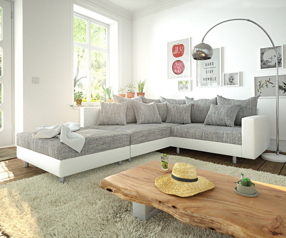 DELIFE Ecksofa Clovis, Weiss Hellgrau Hocker Armlehne Ottomane Links Ecksofa modular