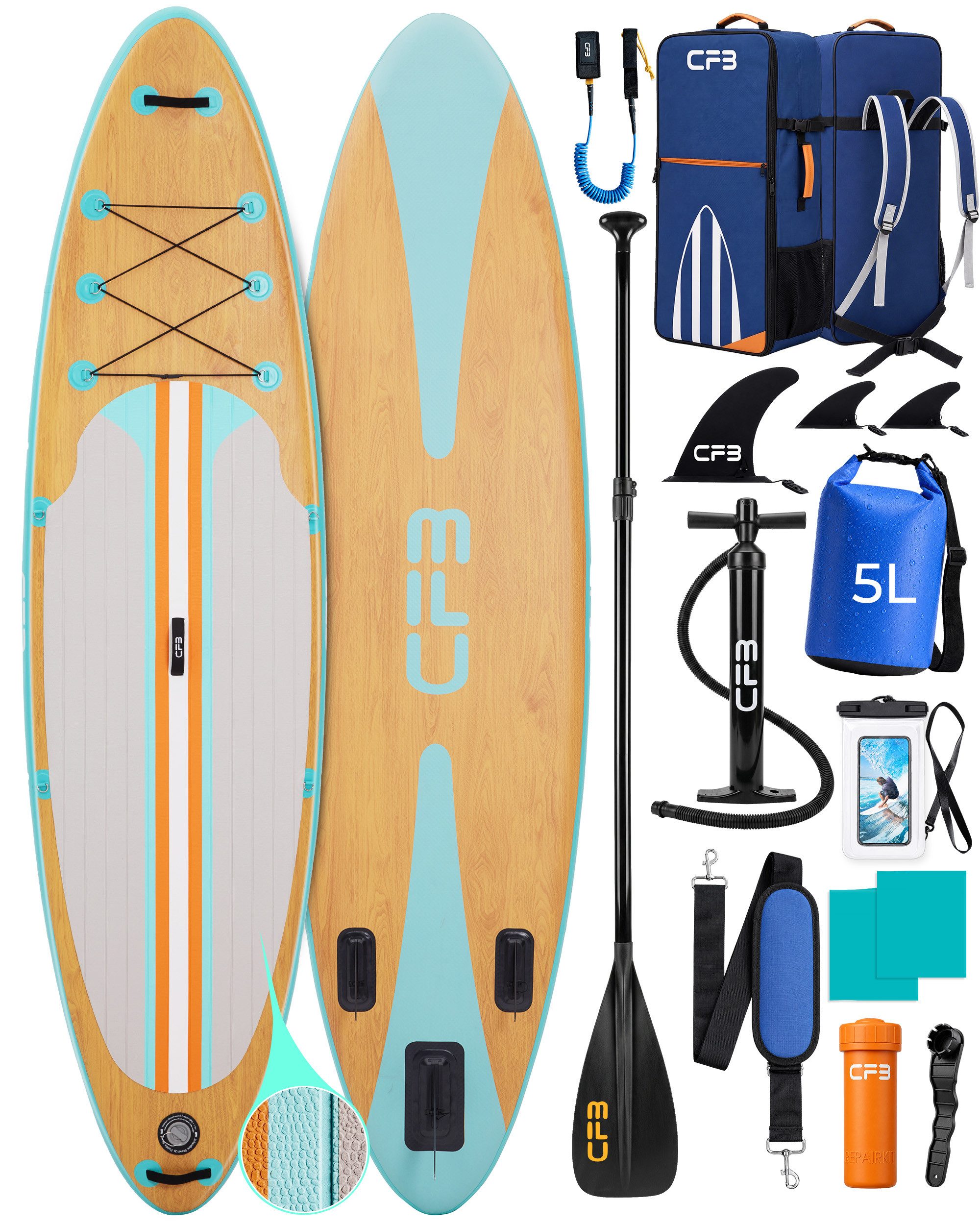 CFB SUP-Board Set 320x84x15 cm, Bis zu 160 kg, extra breites iSUP, aufblasbares Stand Up Paddle Board, (großes EVA-Deckpad, SUP Komplett-Set, 12 tlg., mit Paddel, Pumpe, Rucksack, Drybag, Handyhülle & Schultergurt), Surfboard, Paddelboard mit 3-Finnen-System für Anfänger und Erwachsene