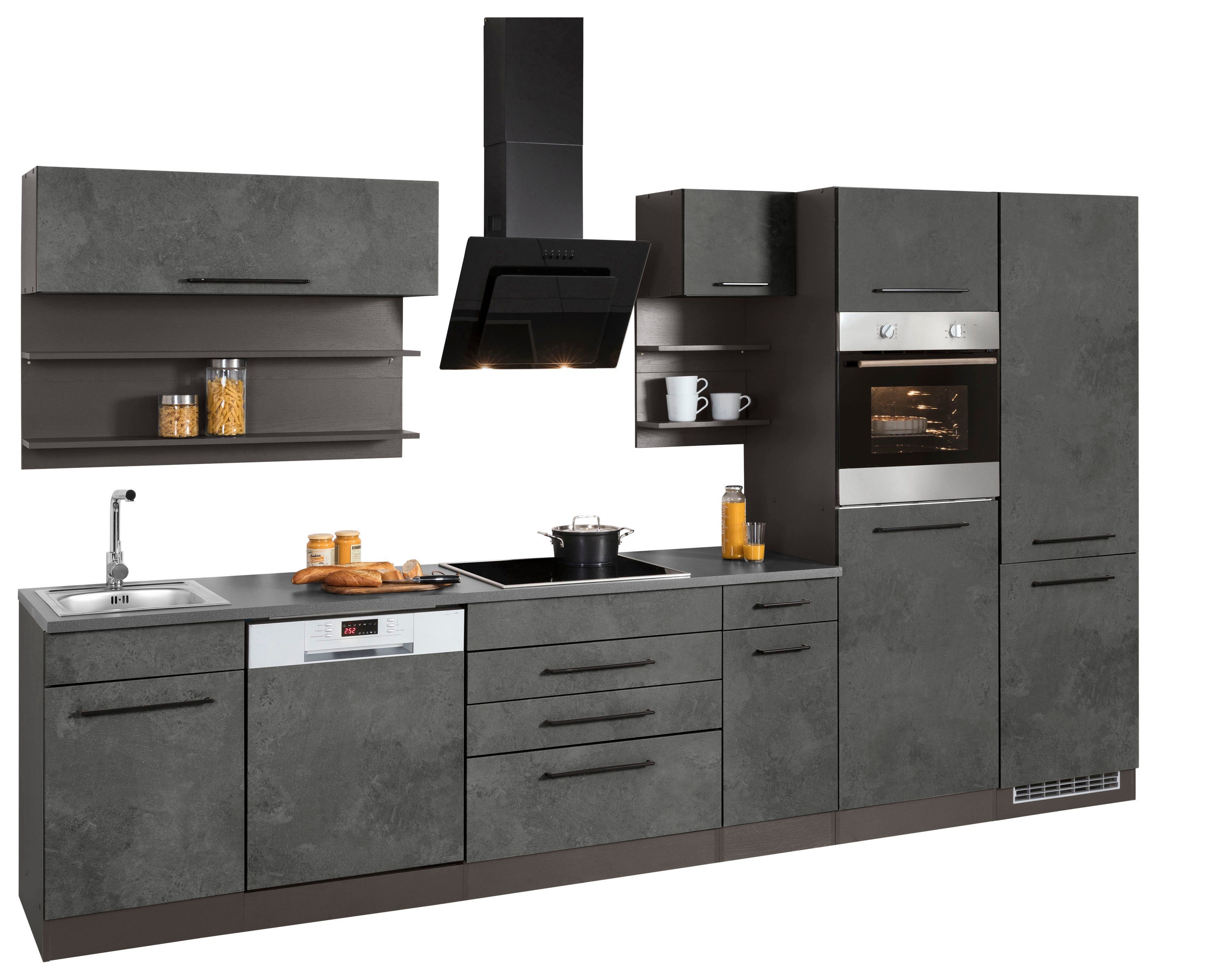 KOCHSTATION Küchenzeile KS-Tulsa, mit E-Geräten, Breite 350 cm, schwarze Metallgriffe, MDF Fronten