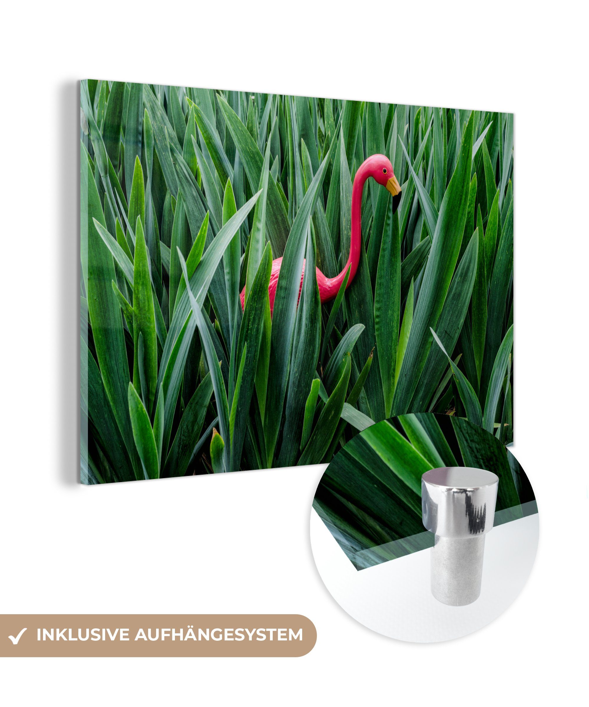 Acrylglasbilder St), Acrylglasbild zwischen Wohnzimmer MuchoWow & Blättern, (1 Flamingo Schlafzimmer