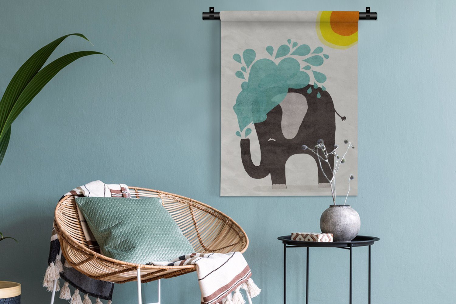 für Tapisserie, Wanddekoobjekt Elefant Deko - der Wand, Schlafzimmer - an Wasser MuchoWow Sonne, Wohnzimmer, - Kind