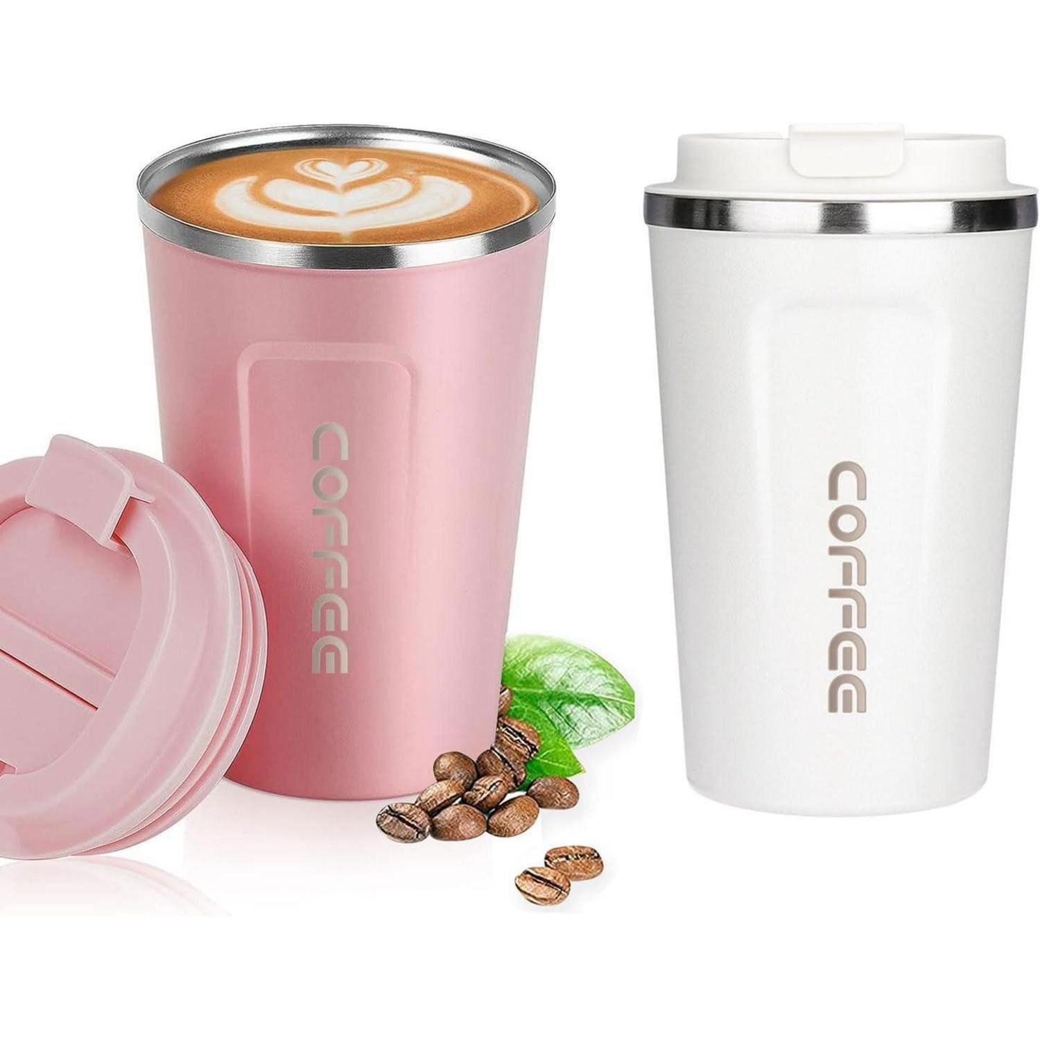 LuxusKollektion Coffee-to-go-Becher Kaffeebecher to go Thermobecher 380ml 2er Set Weiß Rosa Edelstahl